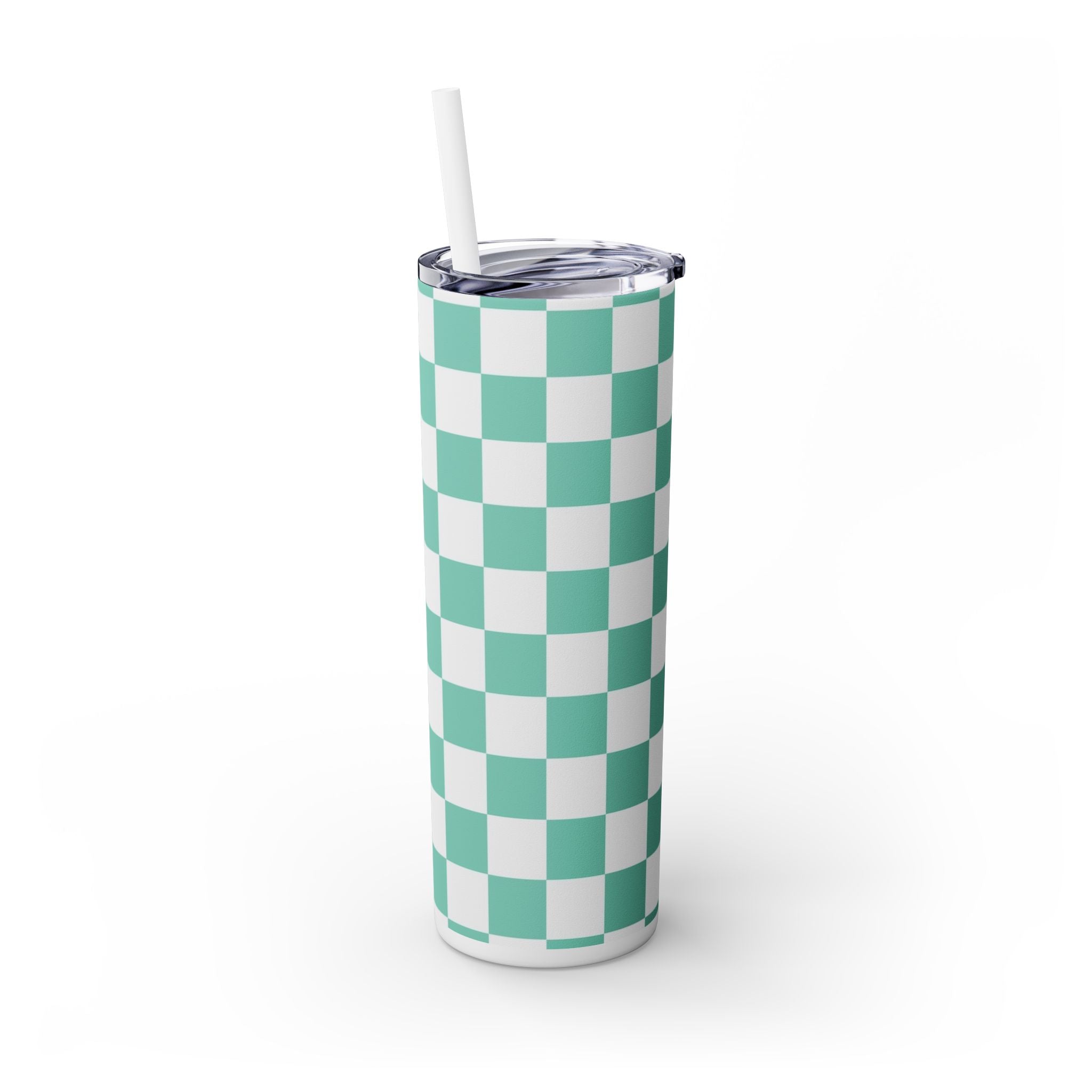 Checkerboard Light Green Skinny Tumbler with Straw, 20oz, Artsulli - Art is Long, Life is Short, Mug, , , , , , , 