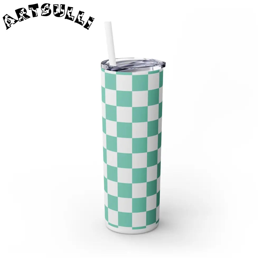 JAKKOUTTHEBXX Checkerboard Light Green Skinny Tumbler with Straw