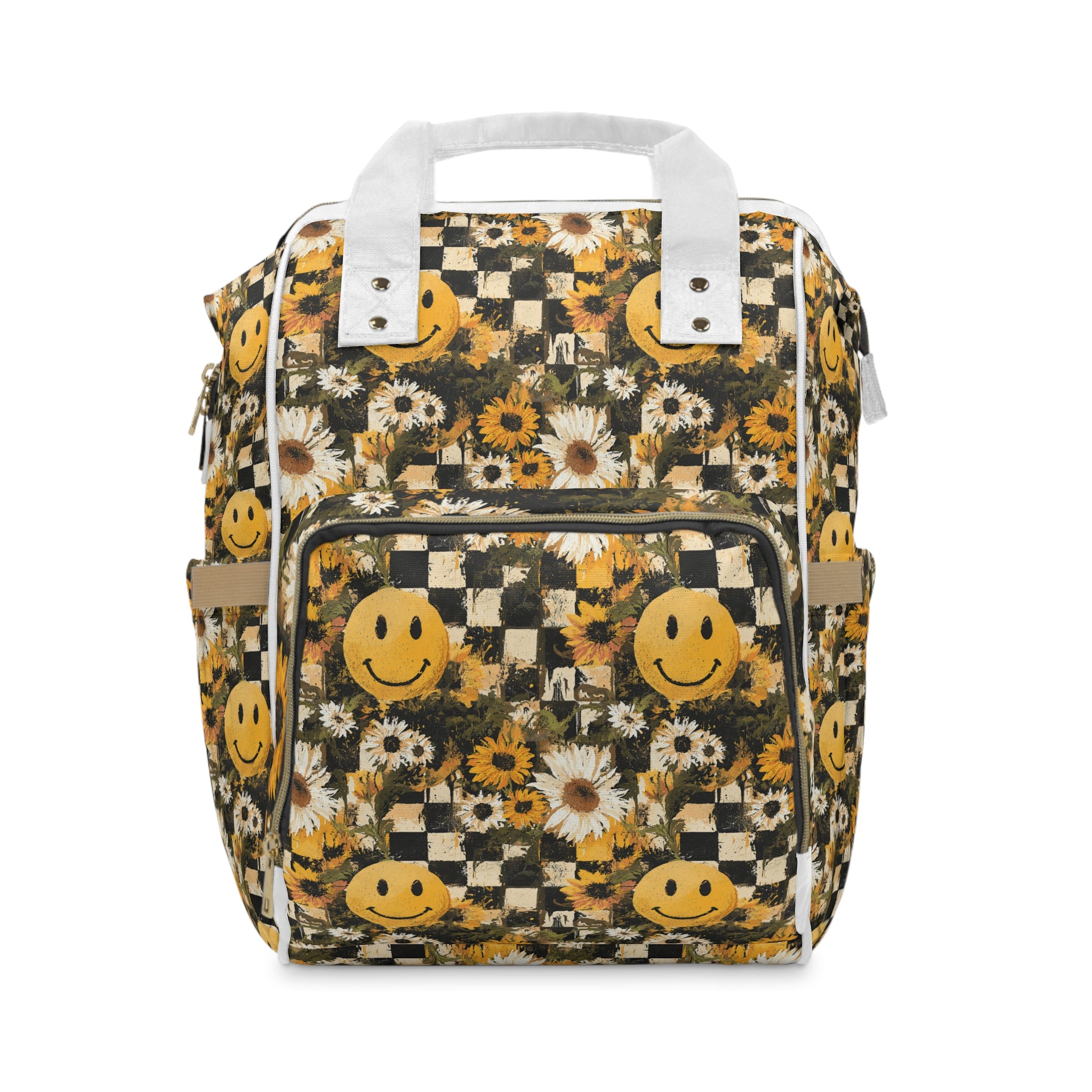 Smiley Face x Checkerboard x Sunflowers x Trippy x Vintage Black and Yellow Multifunctional Diaper Backpack, Artsulli - Art is Long, Life is Short, Bags, Size, 15.0" × 10.8" × 6.7'', , , , , 31275551887594312009
