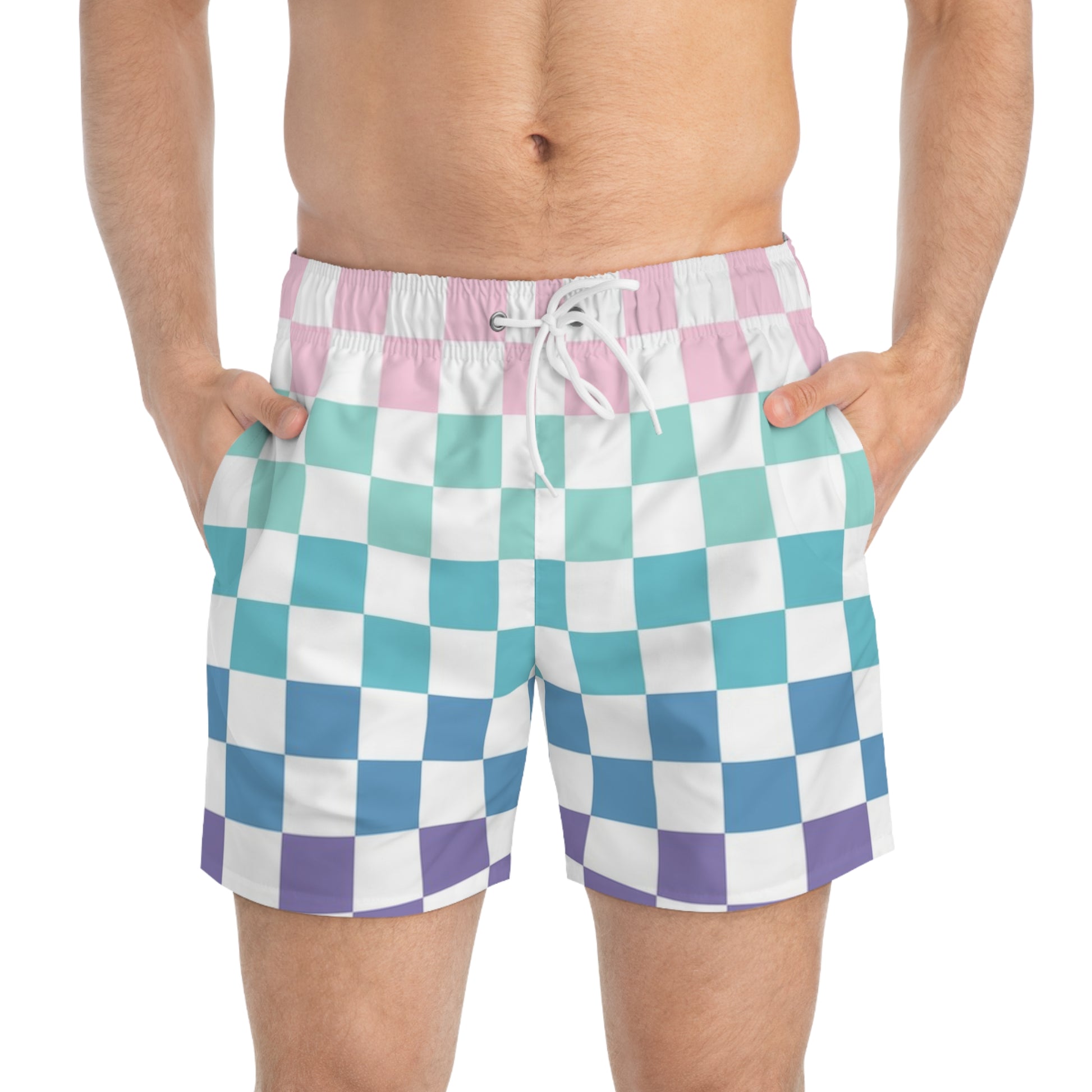Vaporwave Rainbow  Checkerboard Multi-Color Swim Trunks (AOP), Artsulli - Art is Long, Life is Short, All Over Prints, , , , , , , 