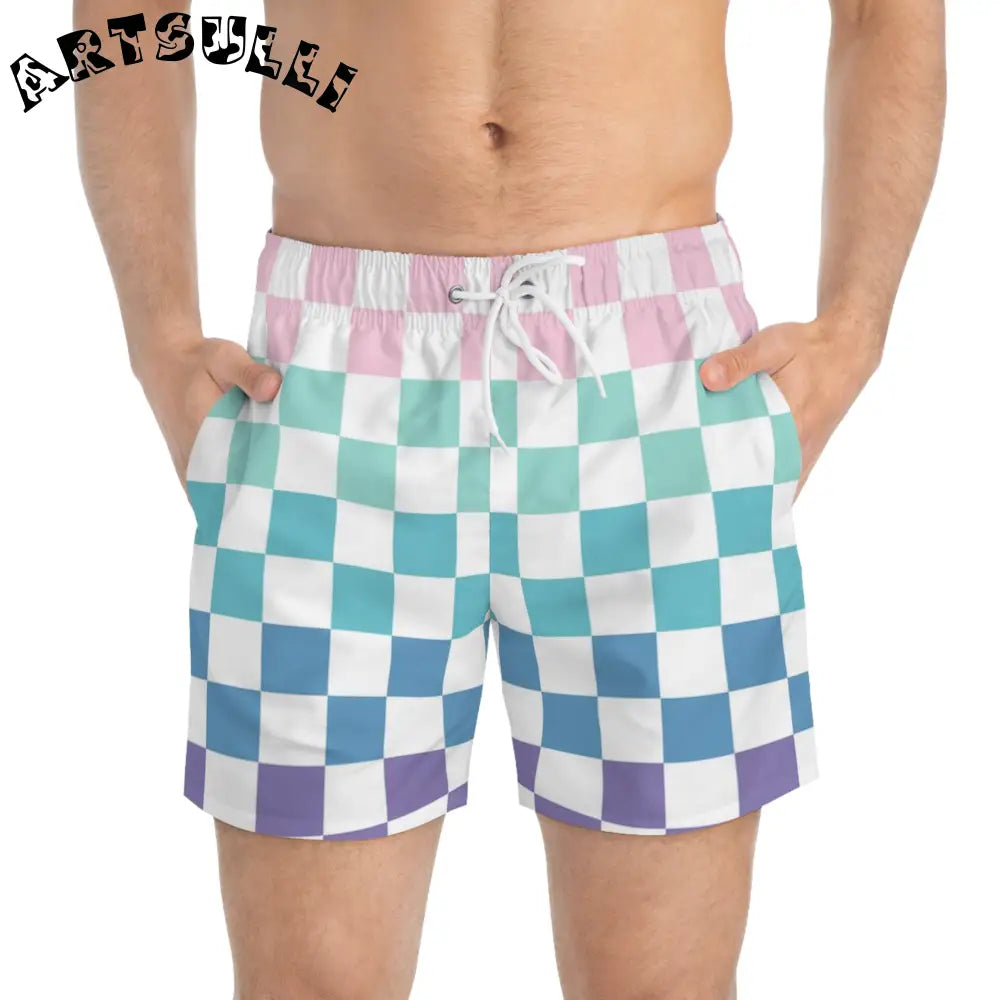 JAKKOUTTHEBXX Vaporwave Rainbow Checkerboard Multi-Color Swim Trunks