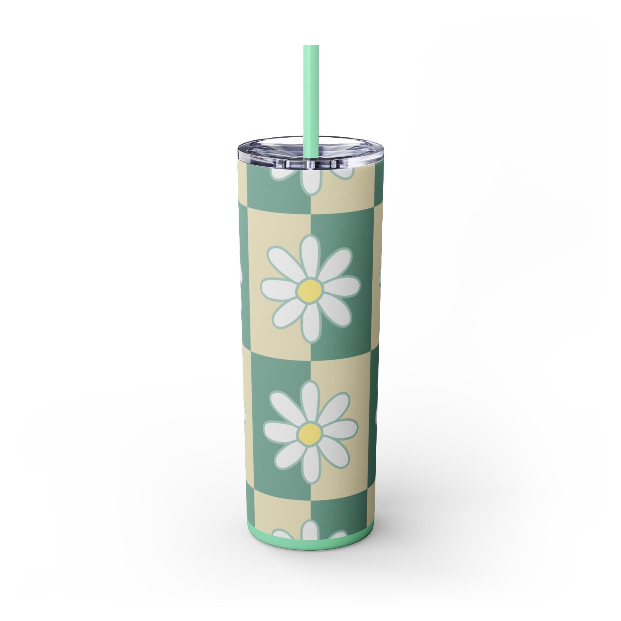 Retro Daisy Checkerboard Green and Tan Skinny Tumbler with Straw, 20oz, Artsulli - Art is Long, Life is Short, Mug, , , , , , , 