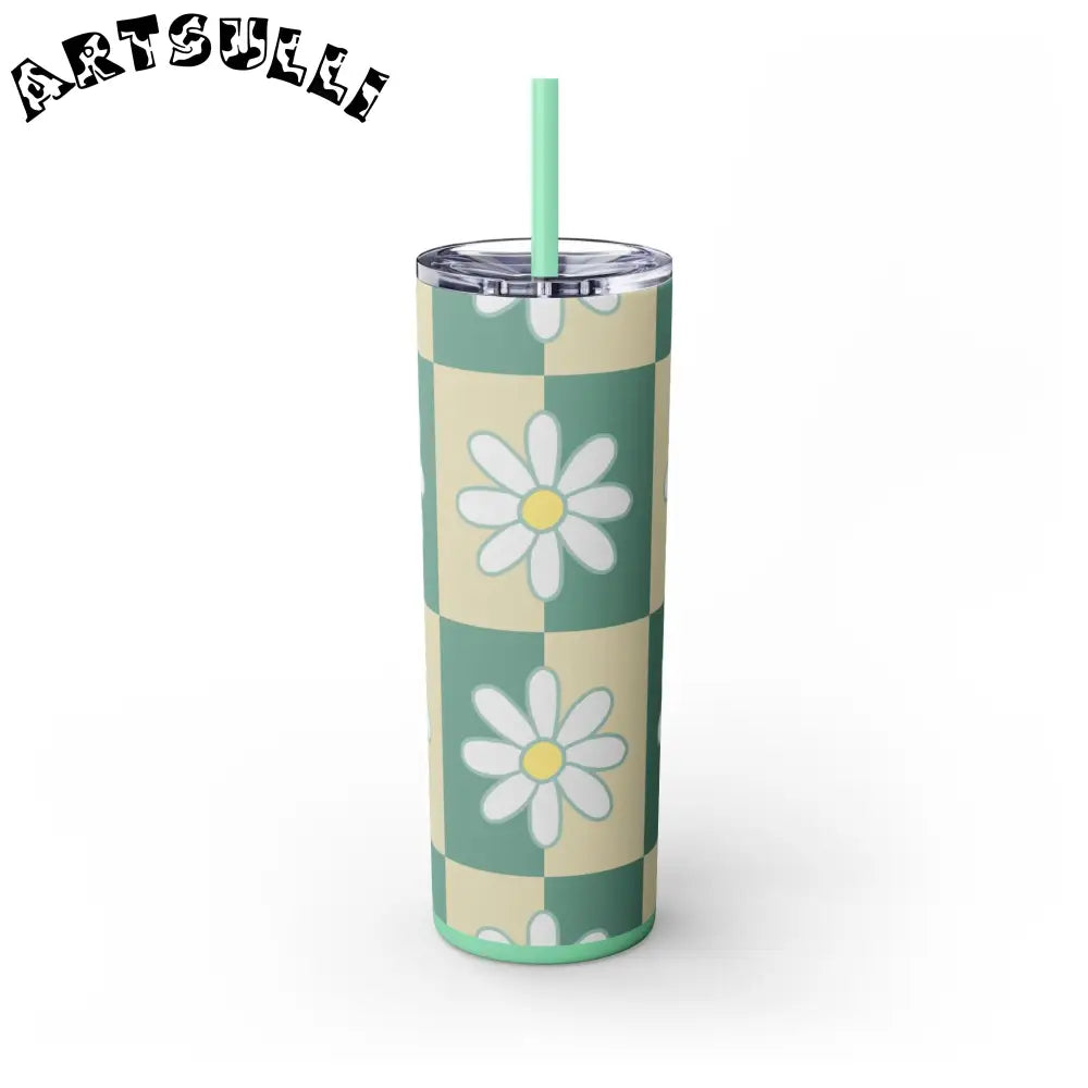 JAKKOUTTHEBXX Retro Daisy Checkerboard Green and Tan Skinny Tumbler