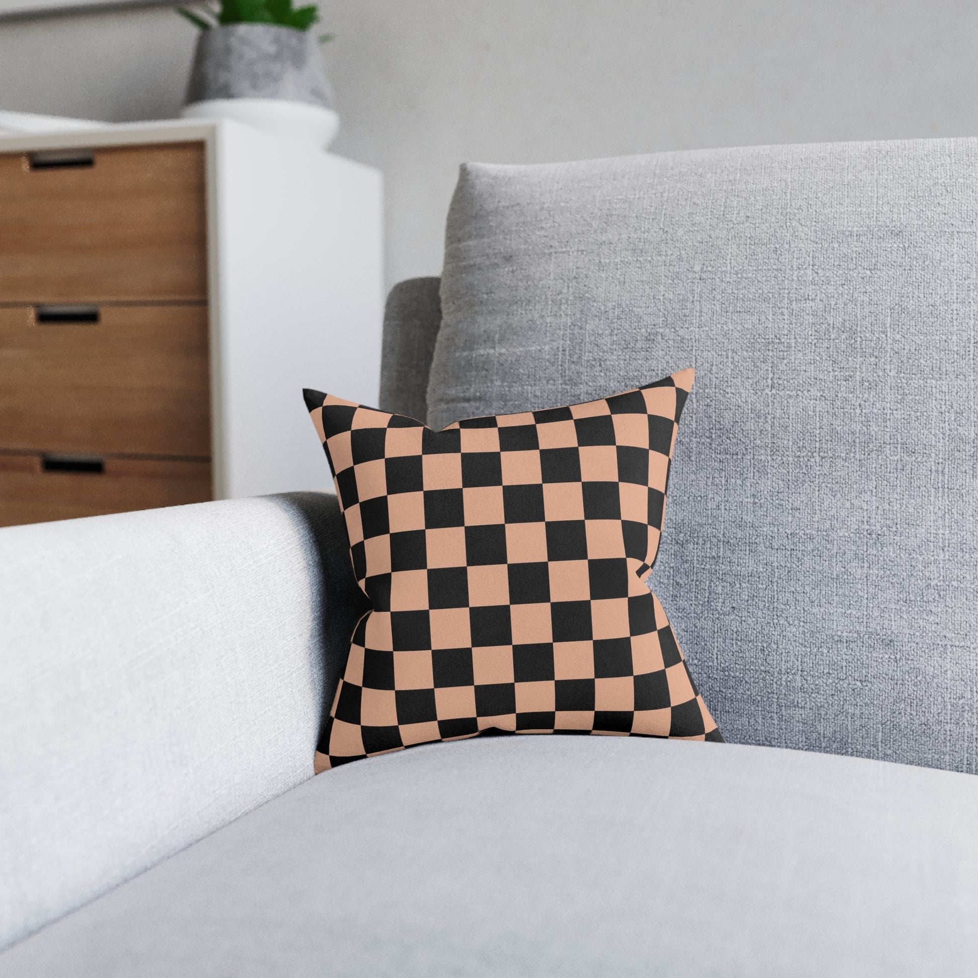 Checkerboard Soft Orange and Black Square Pillow, Artsulli - Art is Long, Life is Short, Home Decor, , , , , , , 