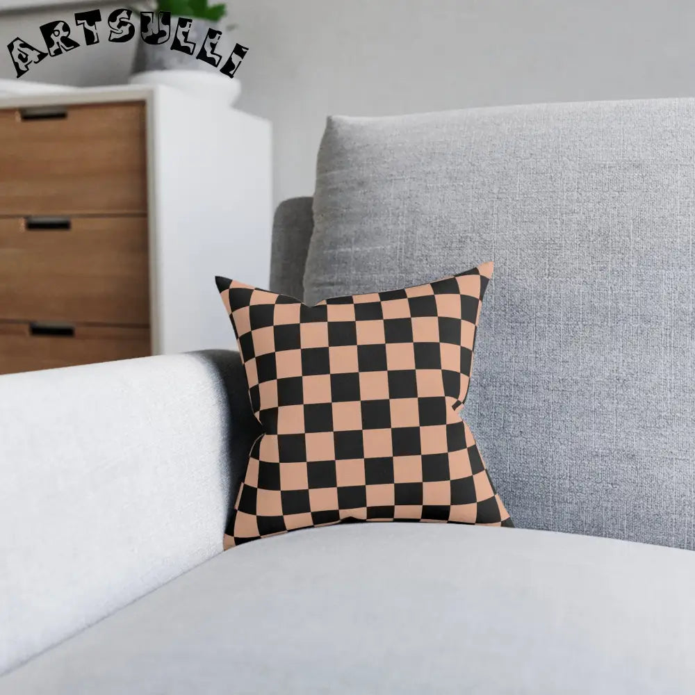 JAKKOUTTHEBXX Checkerboard Soft Orange and Black Square Pillow