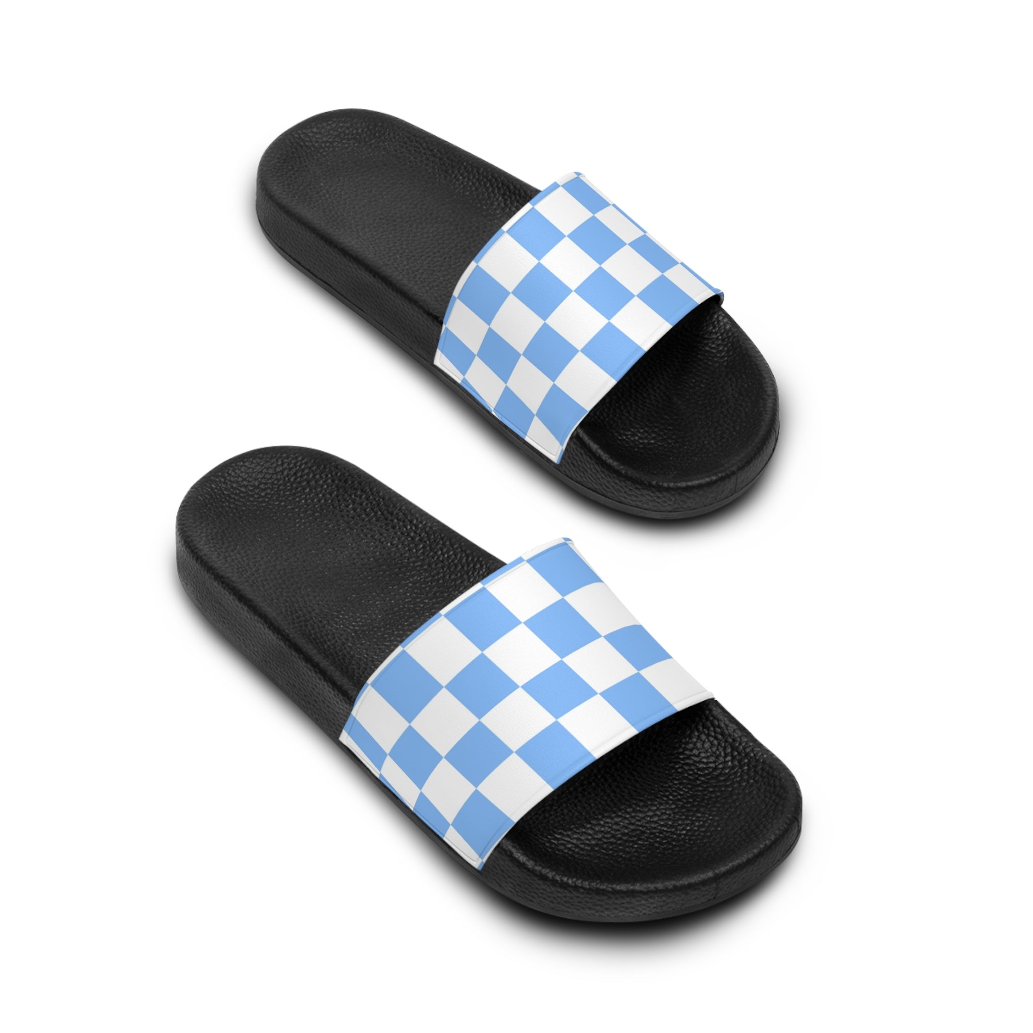 Checkerboard White and Light Blue Women's Slide Sandals, Artsulli - Art is Long, Life is Short, Shoes, , , , , , , 