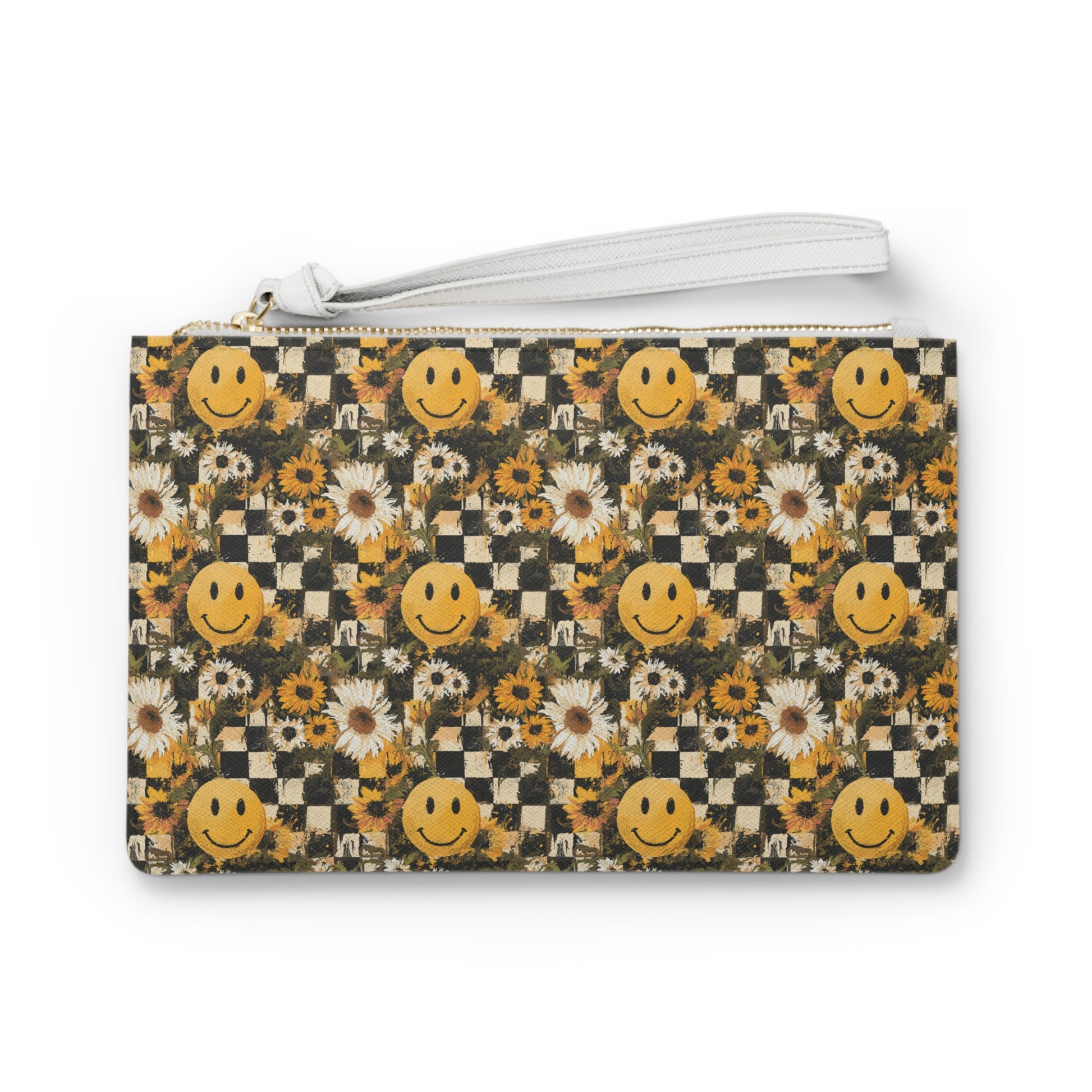 Smiley Face x Checkerboard x Sunflowers x Trippy x Vintage Black and Yellow Clutch Bag, Artsulli - Art is Long, Life is Short, Bags, Size, One size, , , , , 15402984388391890365