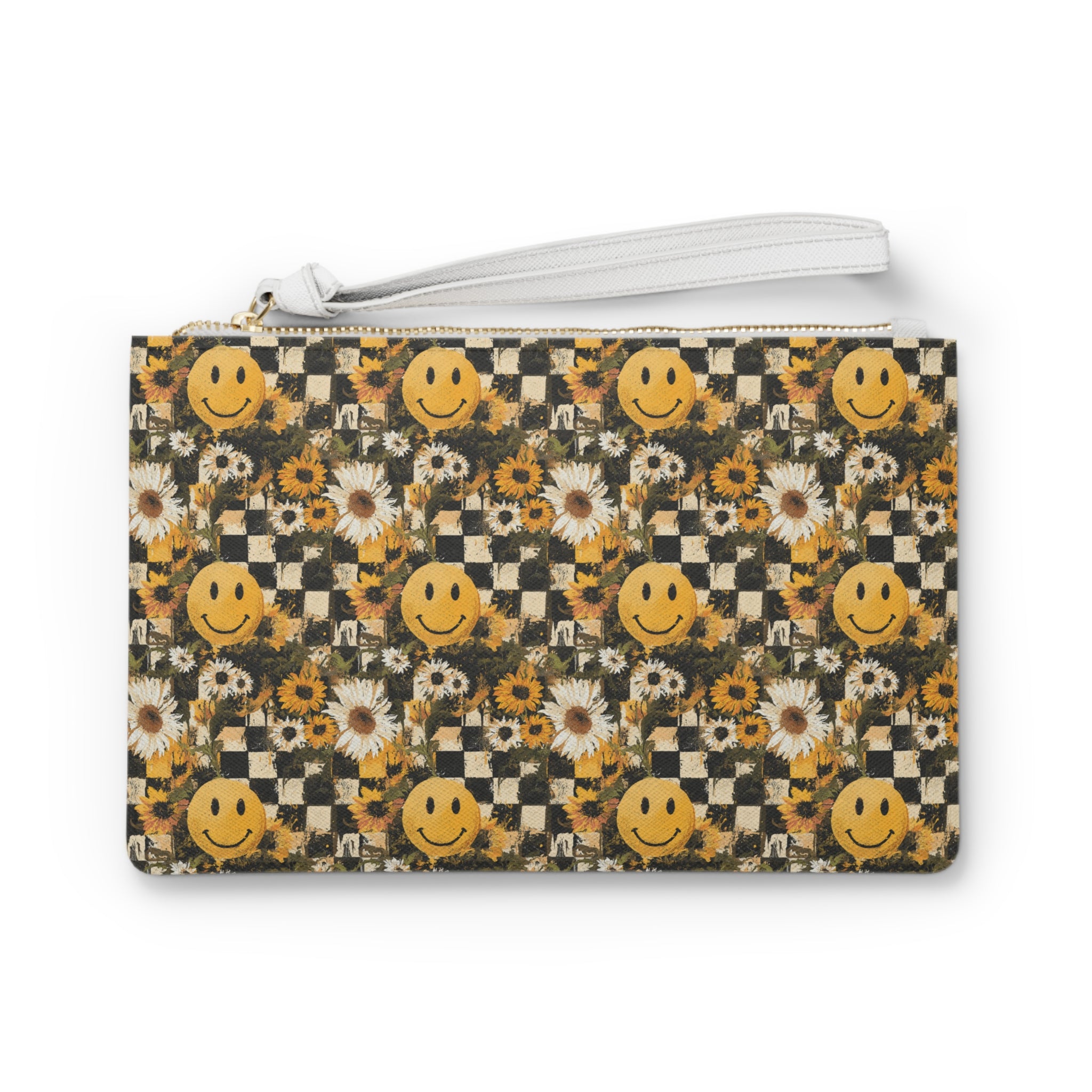 Smiley Face x Checkerboard x Sunflowers x Trippy x Vintage Black and Yellow Clutch Bag, Artsulli - Art is Long, Life is Short, Bags, Size, One size, , , , , 15402984388391890365