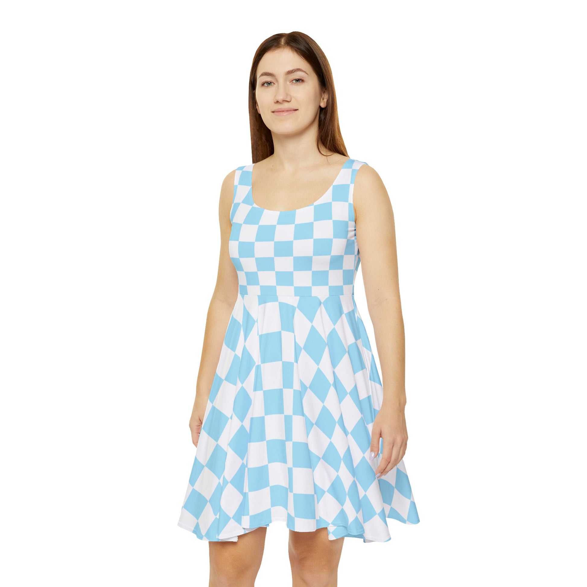 Checkerboard Sky Blue Women's Skater Dress (AOP), Artsulli - Art is Long, Life is Short, All Over Prints, , , , , , , 