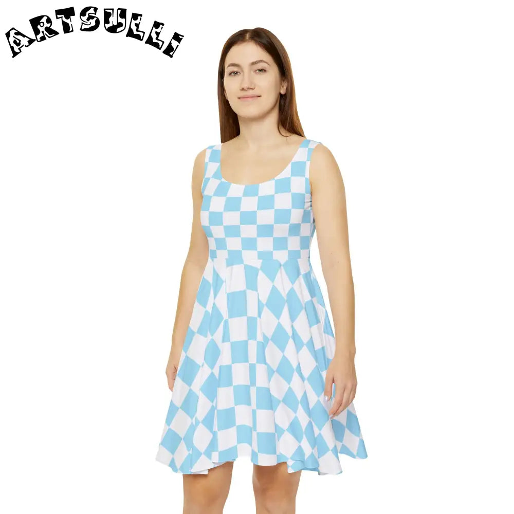 JAKKOUTTHEBXX Checkerboard Sky Blue Women’s Skater Dress (AOP)