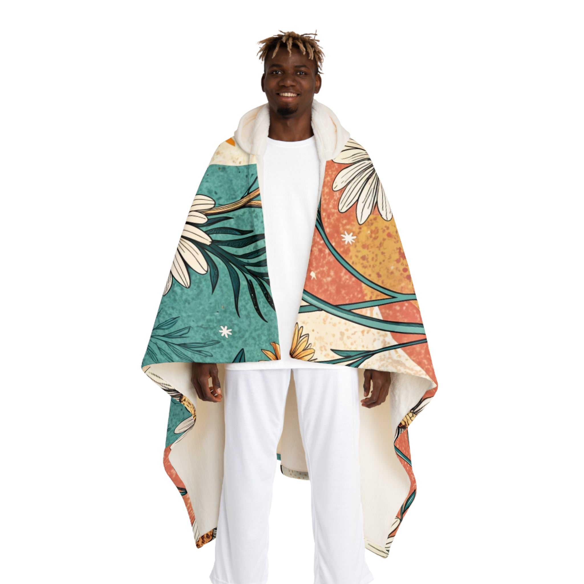 Retro Daisy Dream Hooded Sherpa Fleece Blanket, Artsulli - Art is Long, Life is Short, All Over Prints, Size, One size, Color, Cream, , , 11516392111824114018