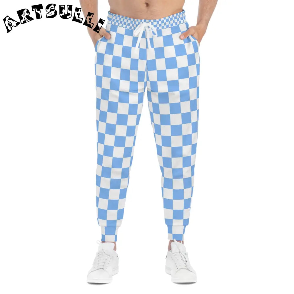 JAKKOUTTHEBXX Checkerboard White and Light Blue Athletic Joggers