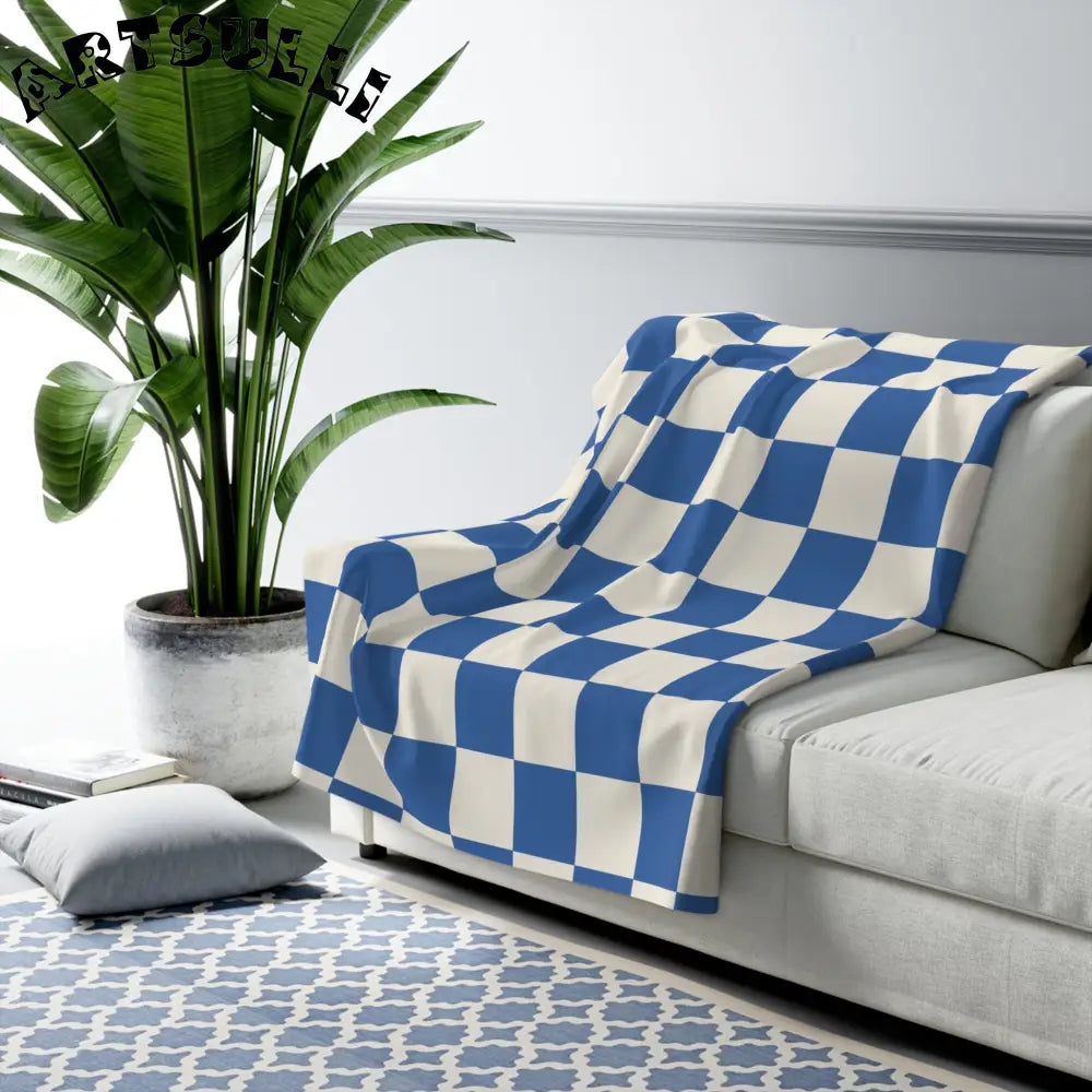 JAKKOUTTHEBXX Checkerboard Blue Sherpa Fleece Blanket JAKKOUTTHEBXX