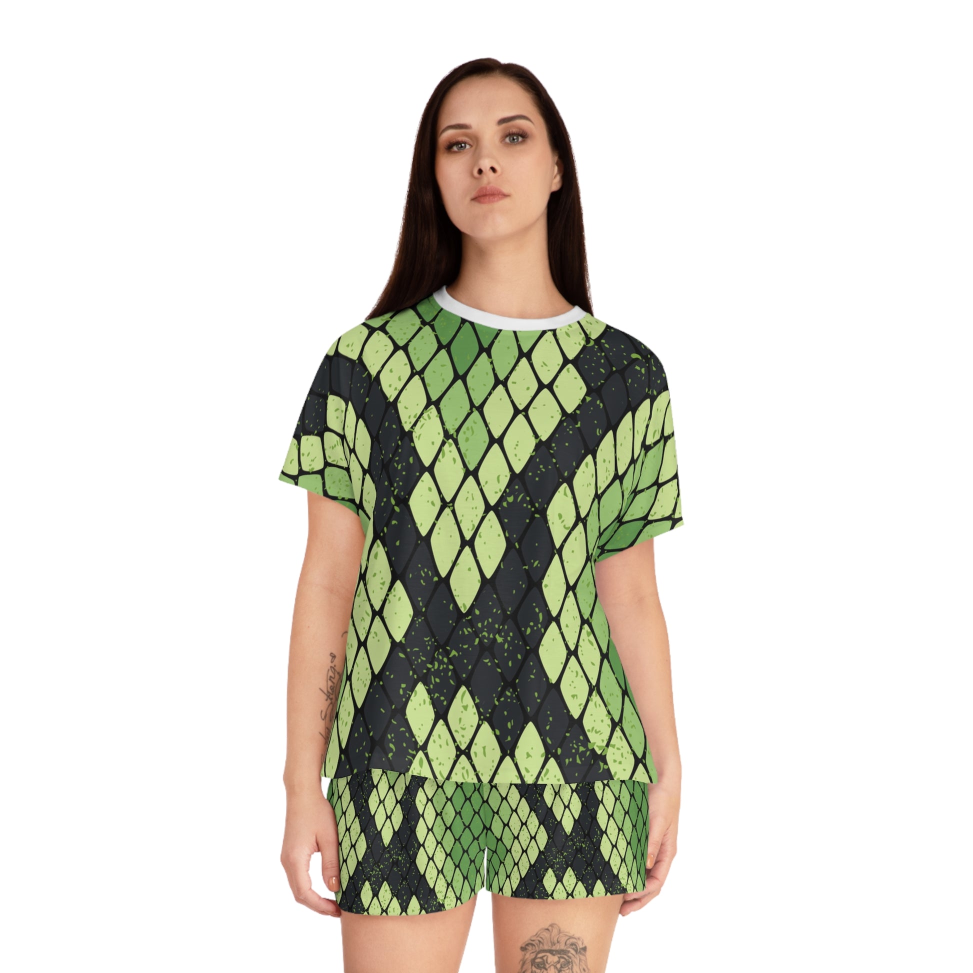 Snake Skin Green and Black Women's Short Pajama Set (AOP), Artsulli - Art is Long, Life is Short, All Over Prints, , , , , , , 