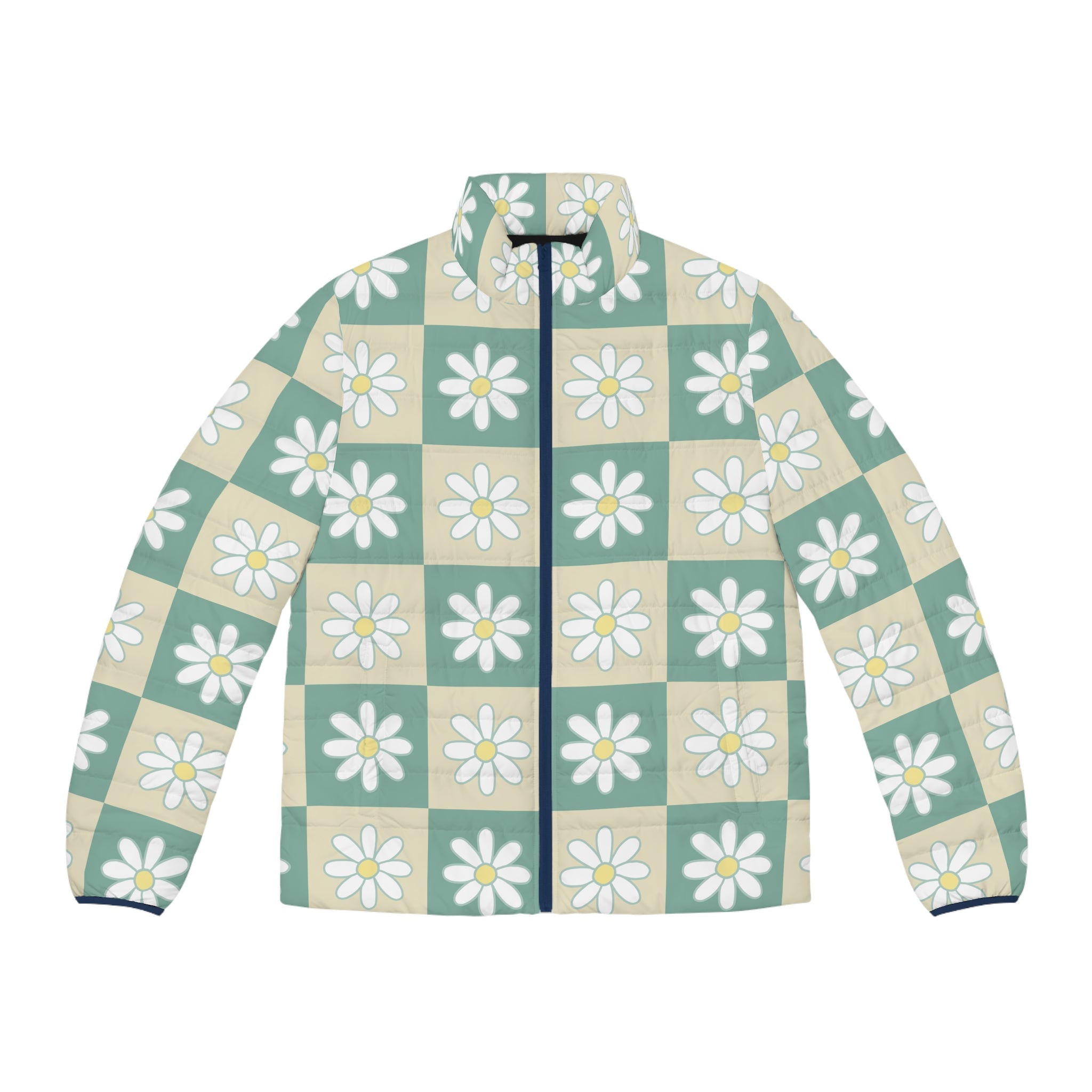 Retro Daisy Checkerboard Green and Tan Men's Puffer Jacket (AOP), Artsulli - Art is Long, Life is Short, All Over Prints, Size, S, Color, Dark blue zipper, , , 37080049877548390045