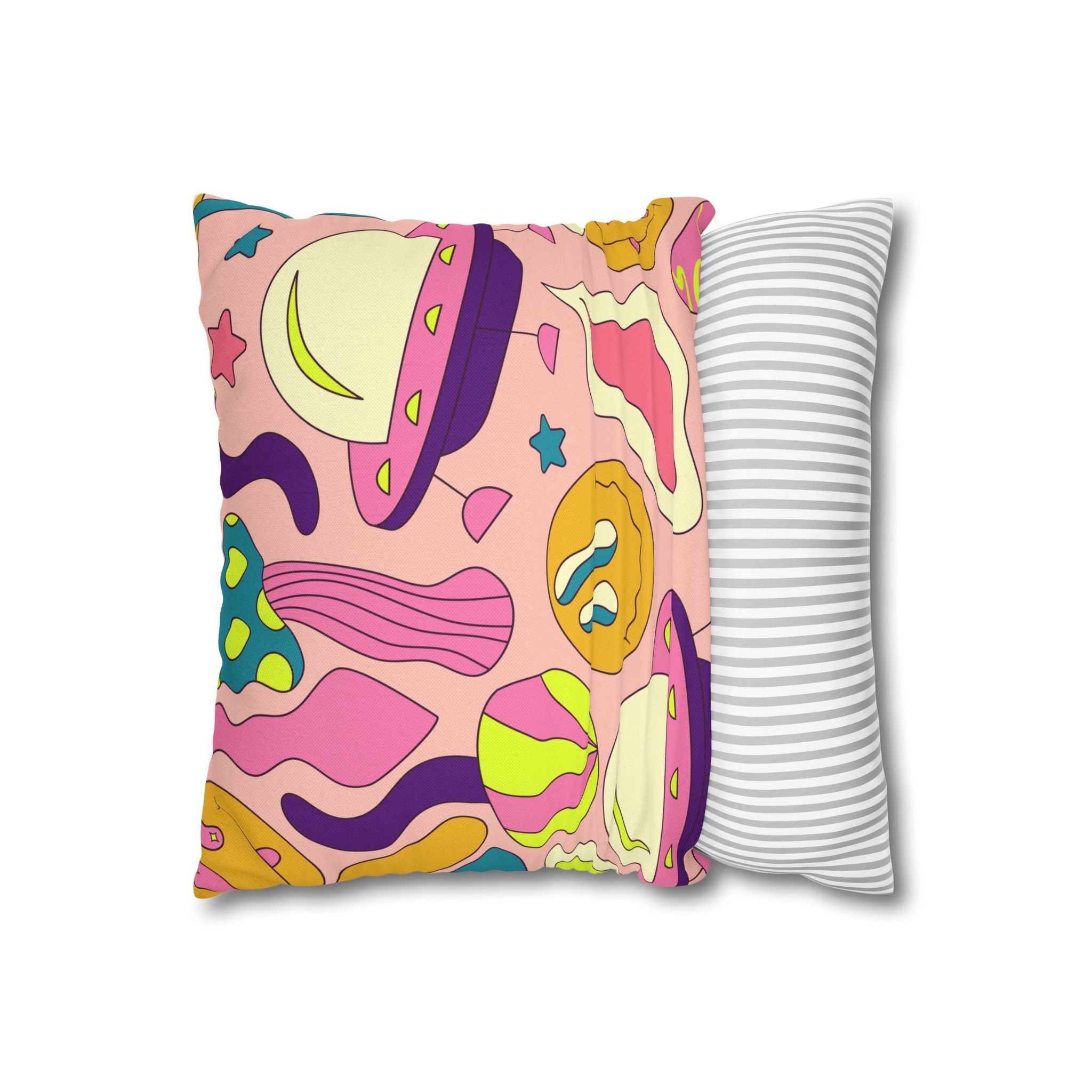 Trippy Spaceships Pink Spun Polyester Square Pillowcase, Artsulli - Art is Long, Life is Short, Home Decor, , , , , , , 