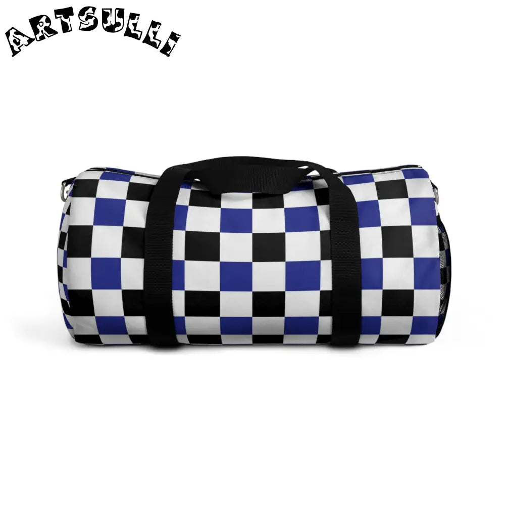 JAKKOUTTHEBXX Checkerboard Blue White and Black Duffel Bag