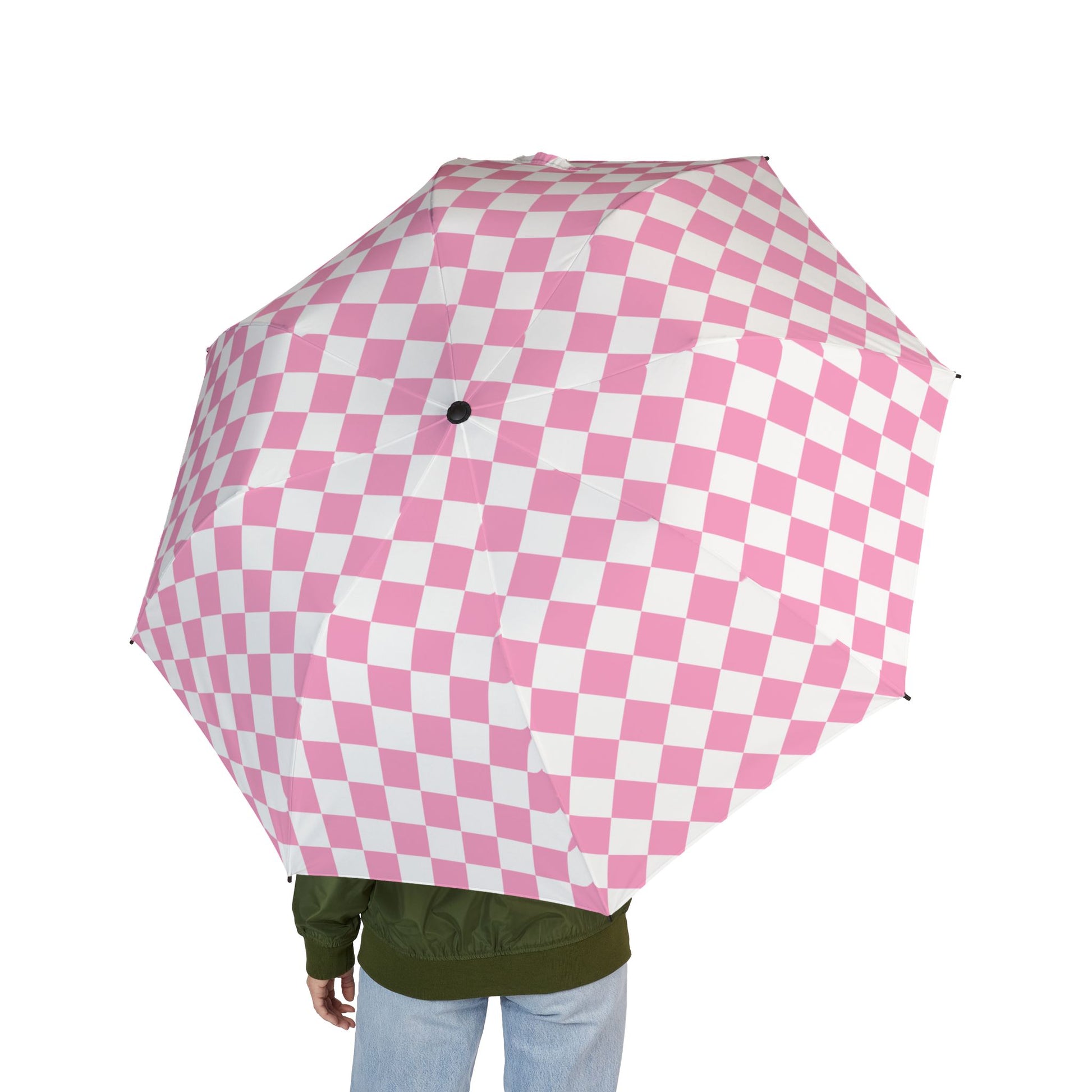 Checkerboard Hot Pink and White Semi-Automatic Foldable Umbrella, Artsulli - Art is Long, Life is Short, Accessories, , , , , , , 