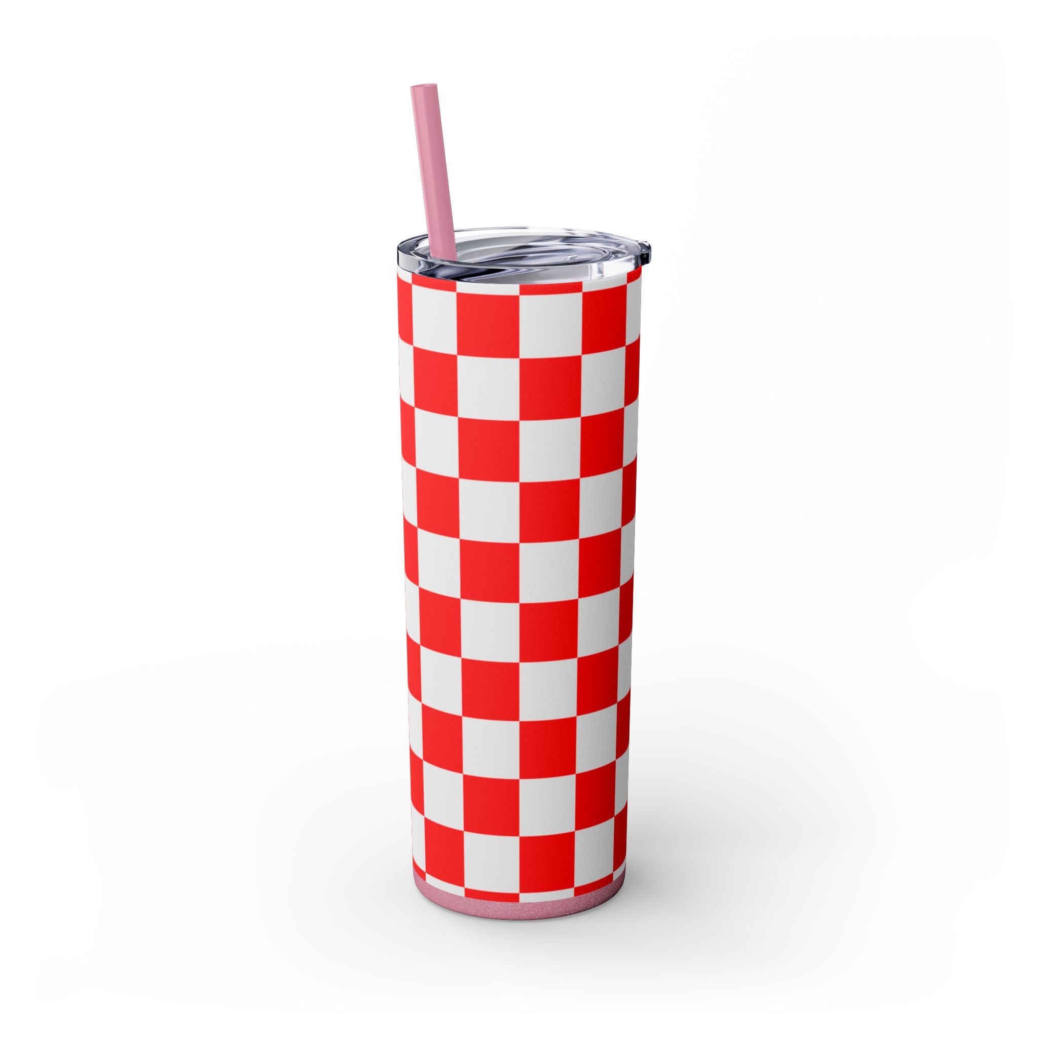 Checkerboard Red and White Skinny Tumbler with Straw, 20oz, Artsulli - Art is Long, Life is Short, Mug, , , , , , , 