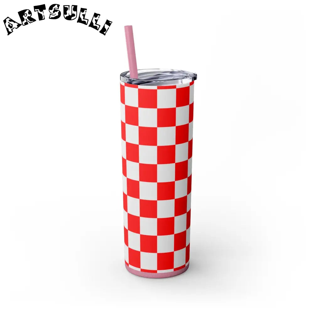 JAKKOUTTHEBXX Checkerboard Red and White Skinny Tumbler with Straw