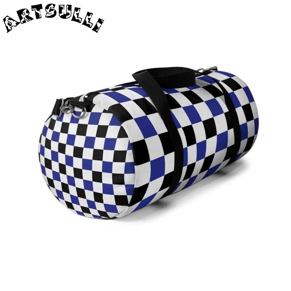 JAKKOUTTHEBXX Checkerboard Blue White and Black Duffel Bag