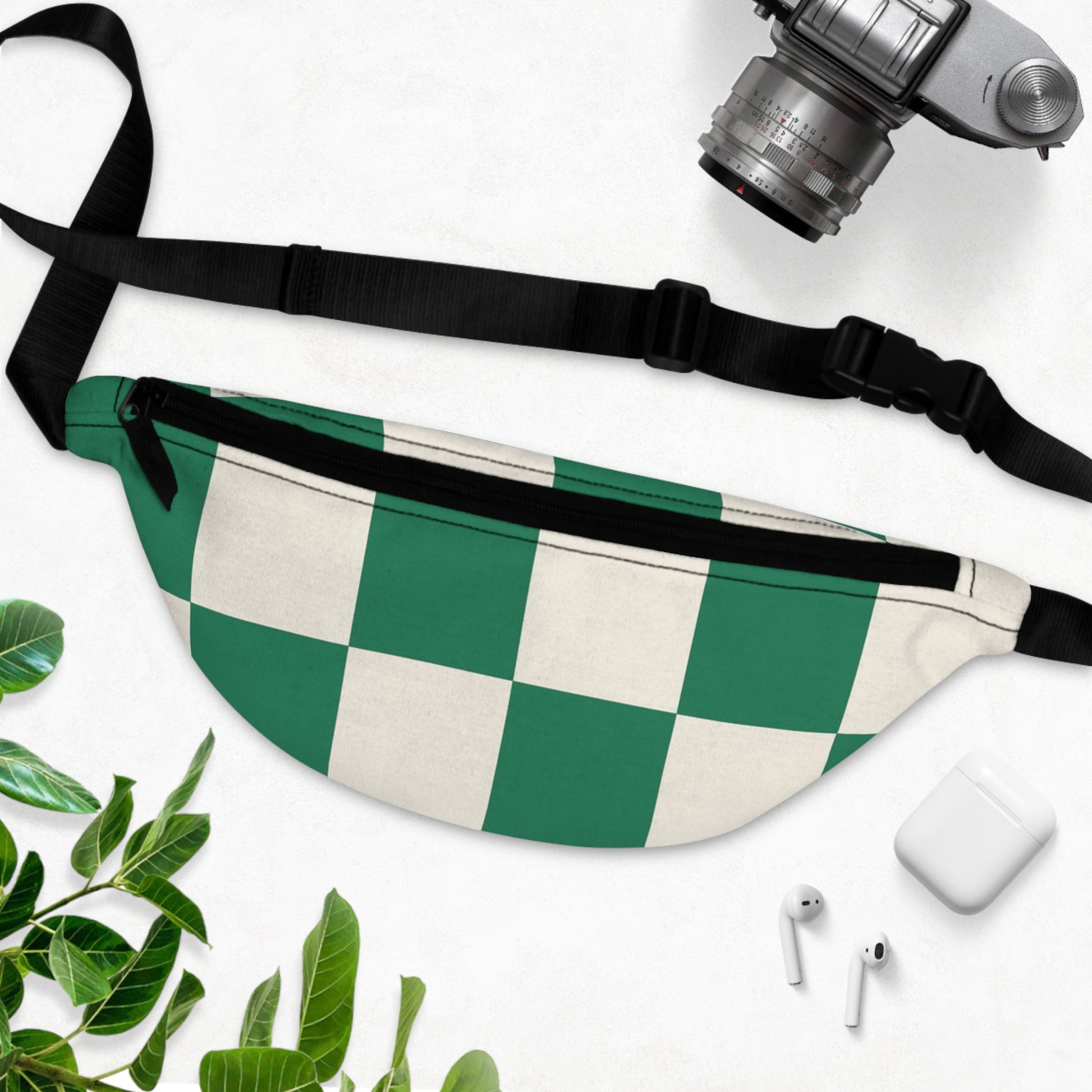 Checkerboard Dark Green Fanny Pack, Artsulli - Art is Long, Life is Short, Bags, , , , , , , 