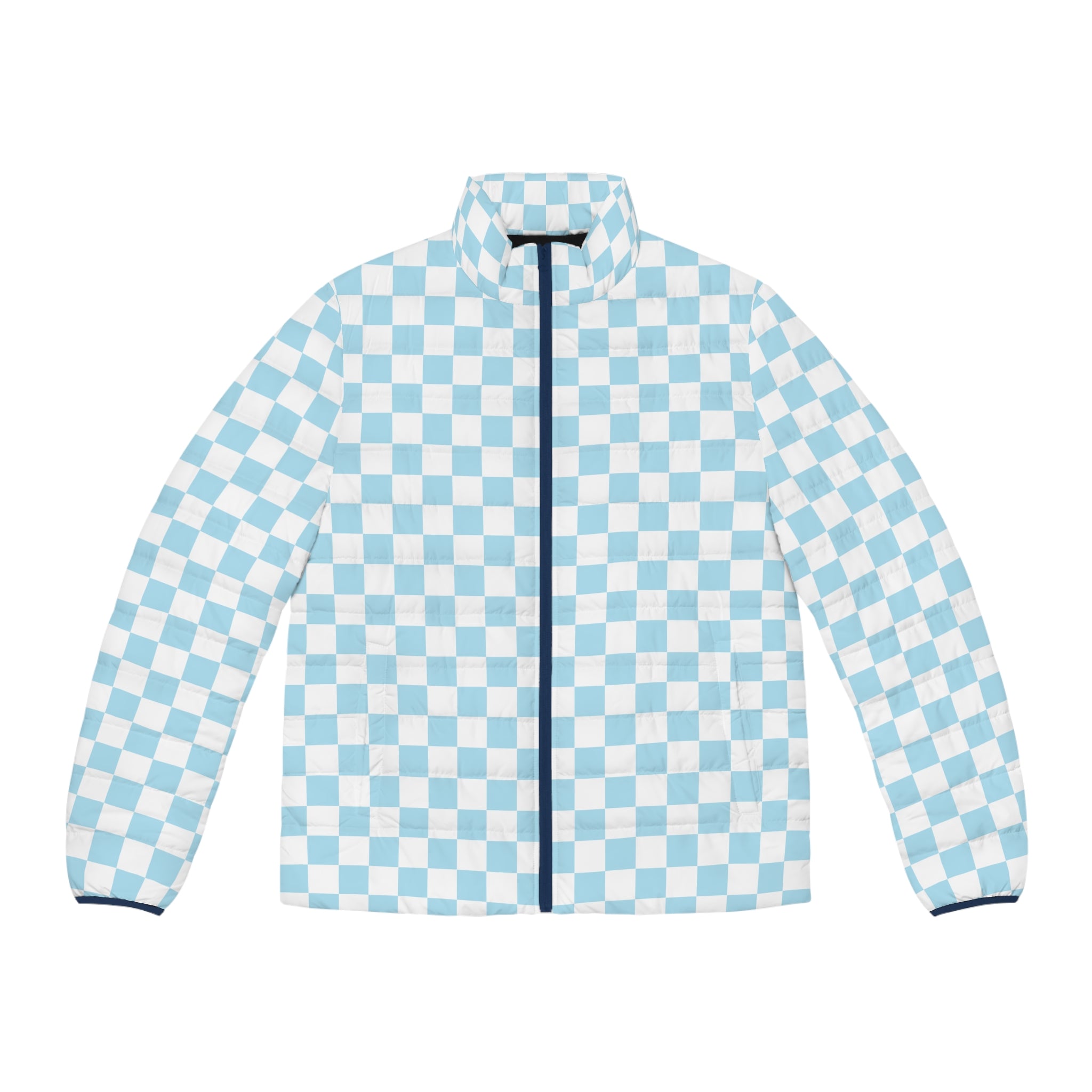 Checkerboard Sky Blue Men's Puffer Jacket (AOP), Artsulli - Art is Long, Life is Short, All Over Prints, Size, S, Color, Dark blue zipper, , , 43452920012735527148