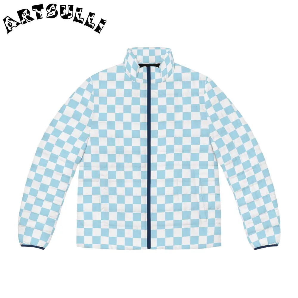 JAKKOUTTHEBXX Checkerboard Sky Blue Men’s Puffer Jacket (AOP)