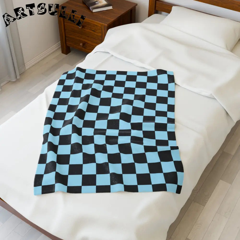 JAKKOUTTHEBXX Checkerboard Black and Blue Velveteen Plush Blanket
