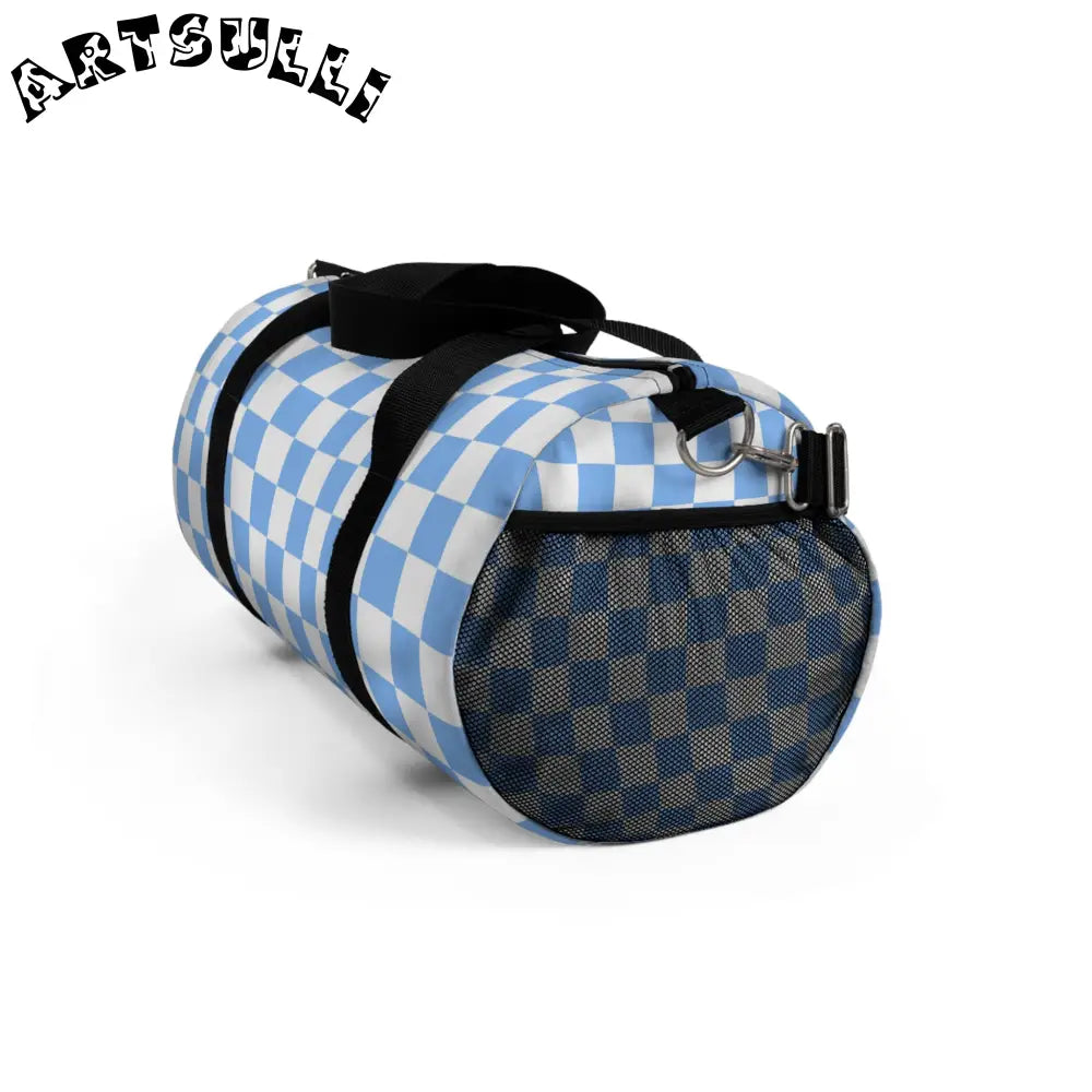 JAKKOUTTHEBXX Checkerboard II White and Light Blue Duffel Bag