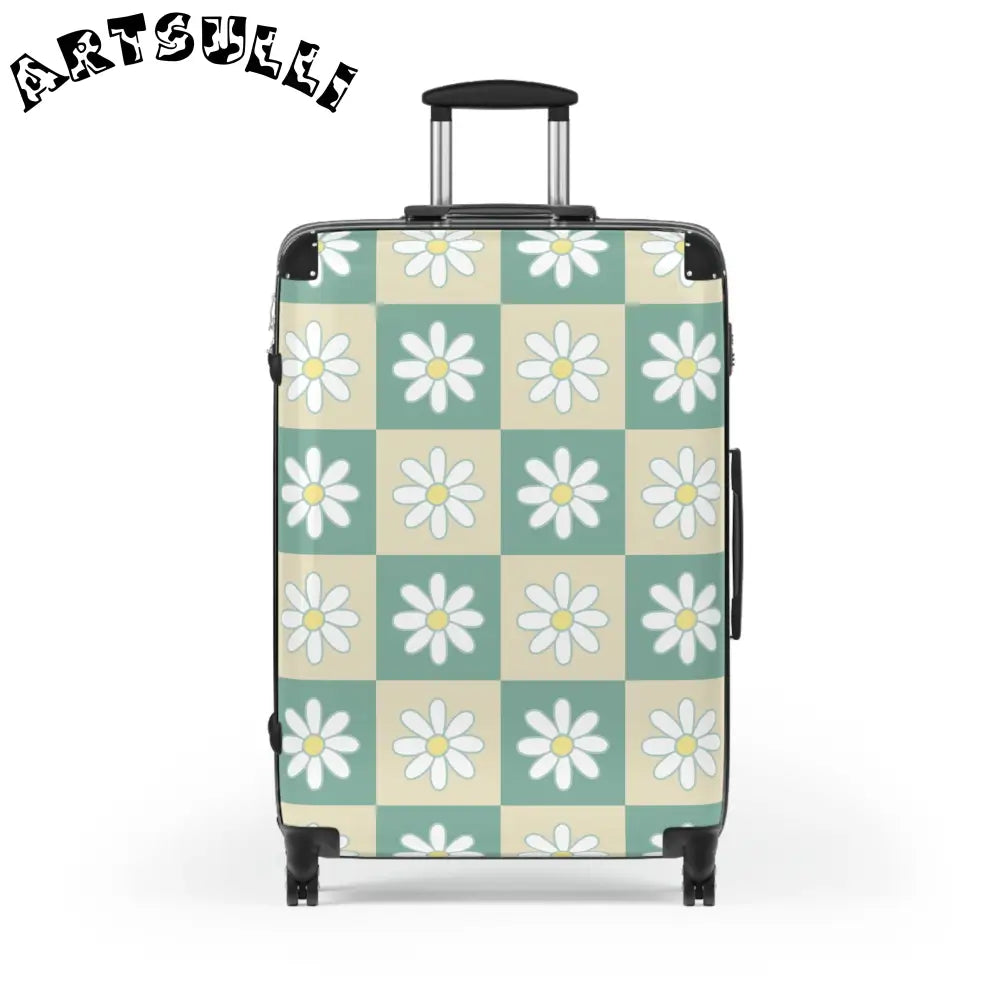 JAKKOUTTHEBXX Retro Daisy Checkerboard Green and Tan Suitcase
