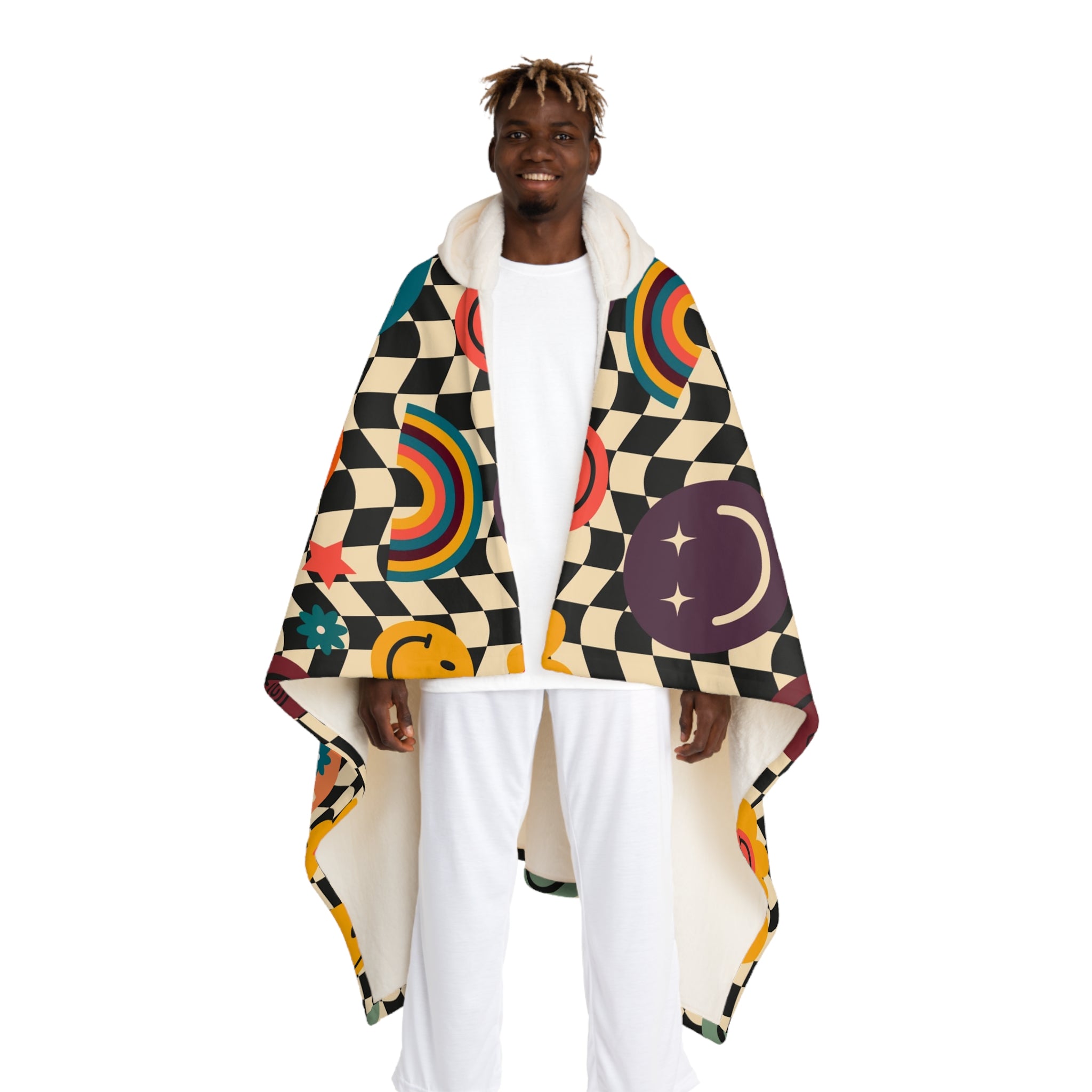 Trippy x Wavy Checkerboard x Smiley Face x Rainbow x Flowers II Multi-Color Hooded Sherpa Fleece Blanket, Artsulli - Art is Long, Life is Short, All Over Prints, Size, One size, Color, Cream, , , 26356133821764018501