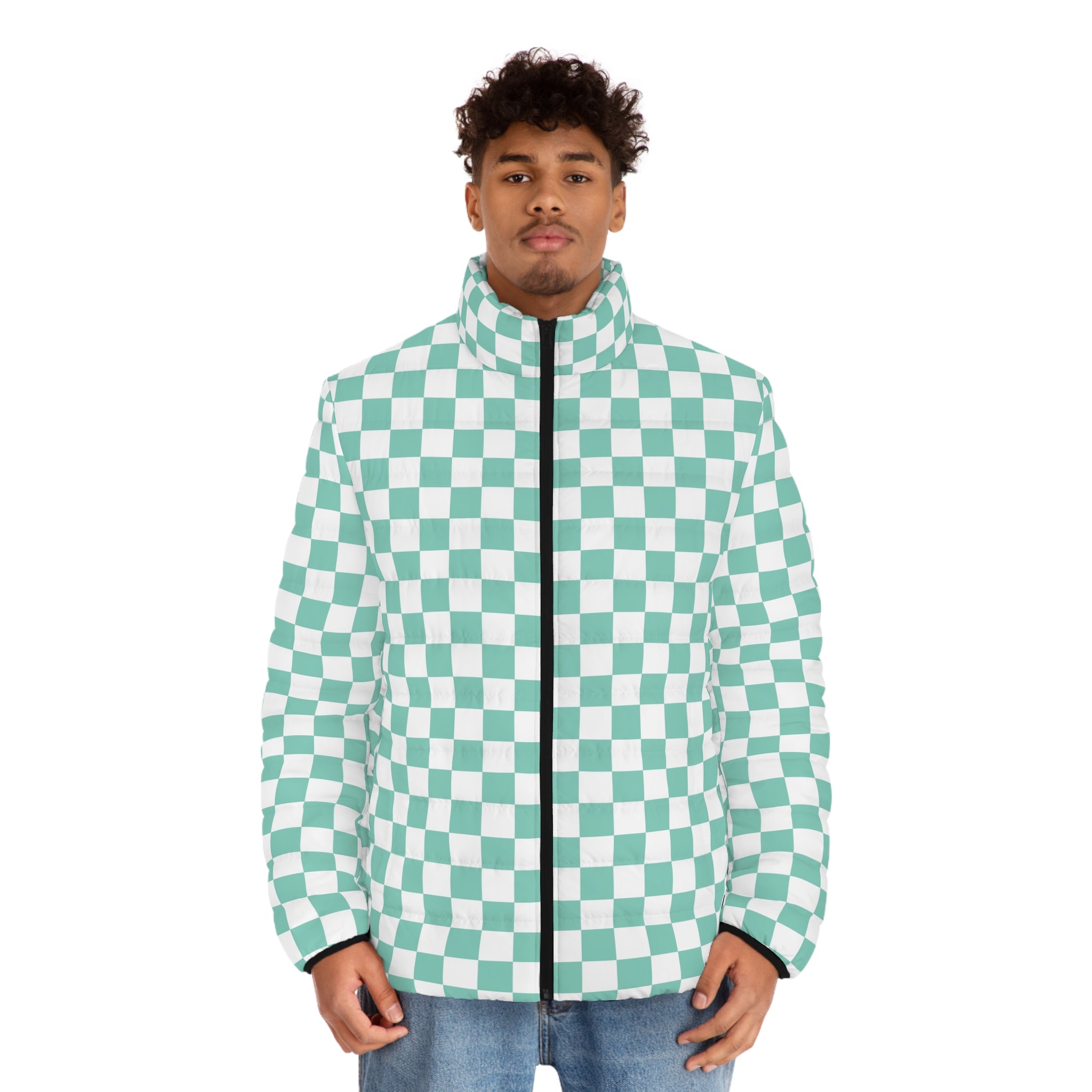 Checkerboard Light Green Men's Puffer Jacket (AOP), Artsulli - Art is Long, Life is Short, All Over Prints, , , , , , , 