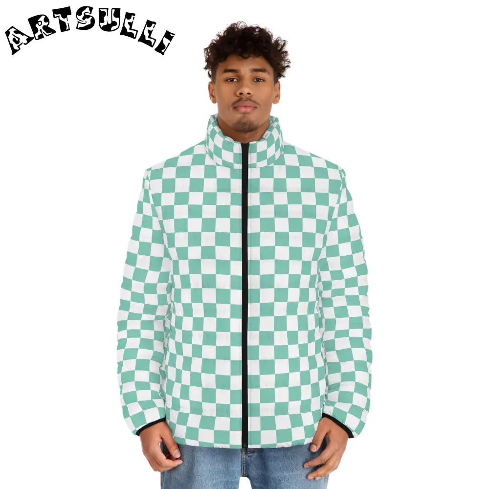 JAKKOUTTHEBXX Checkerboard Light Green Men’s Puffer Jacket (AOP)