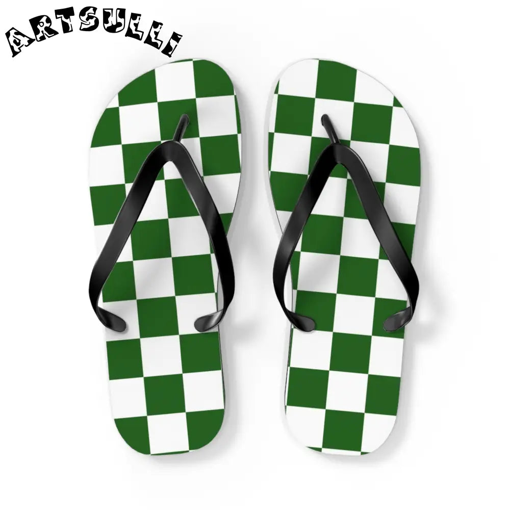JAKKOUTTHEBXX Checkerboard White and Dark Green Flip Flops
