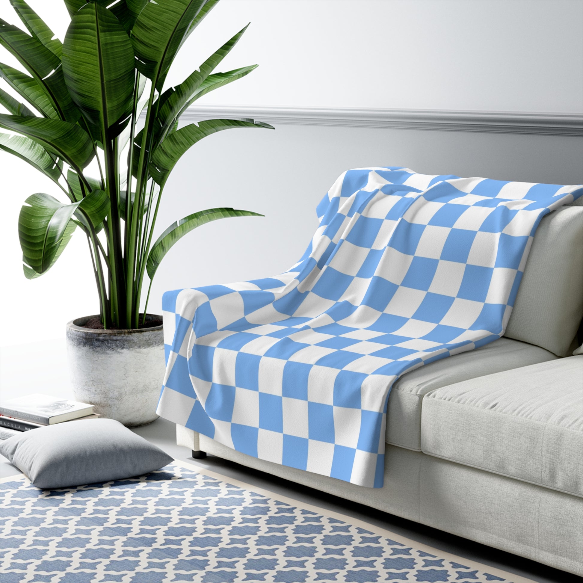 Checkerboard White and Light Blue Sherpa Fleece Blanket, Artsulli - Art is Long, Life is Short, Home Decor, , , , , , , 