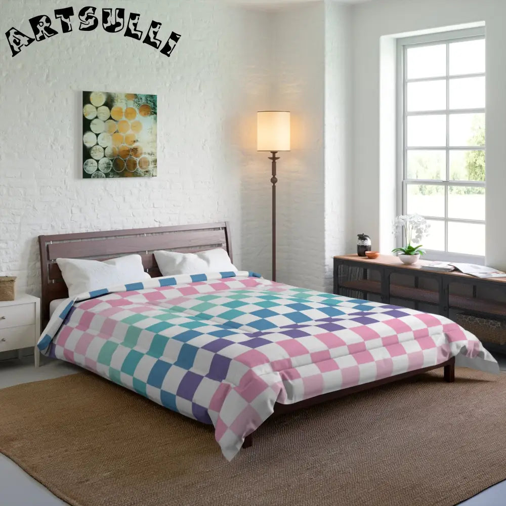 JAKKOUTTHEBXX Vaporwave Rainbow Checkerboard Multi-Color Comforter