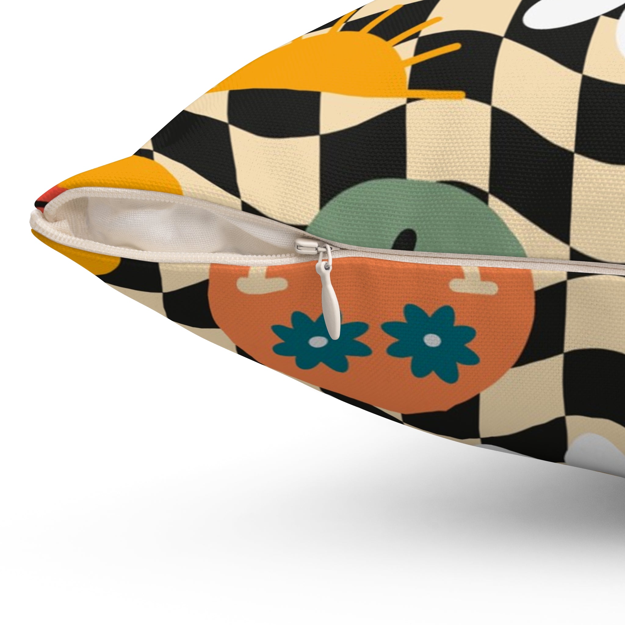 Trippy x Wavy Checkerboard x Smiley Face x Rainbow x Flowers Multi-Color Spun Polyester Square Pillow, Artsulli - Art is Long, Life is Short, Home Decor, , , , , , , 
