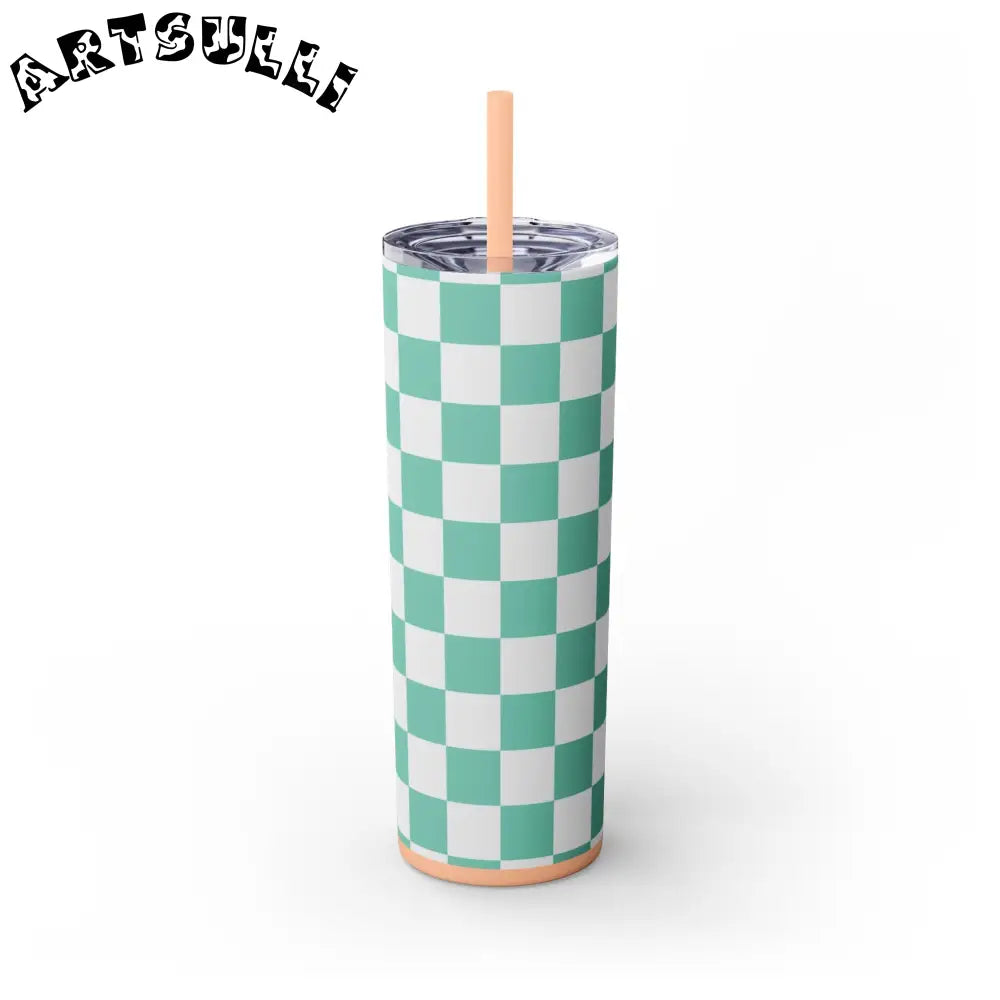 JAKKOUTTHEBXX Checkerboard Light Green Skinny Tumbler with Straw