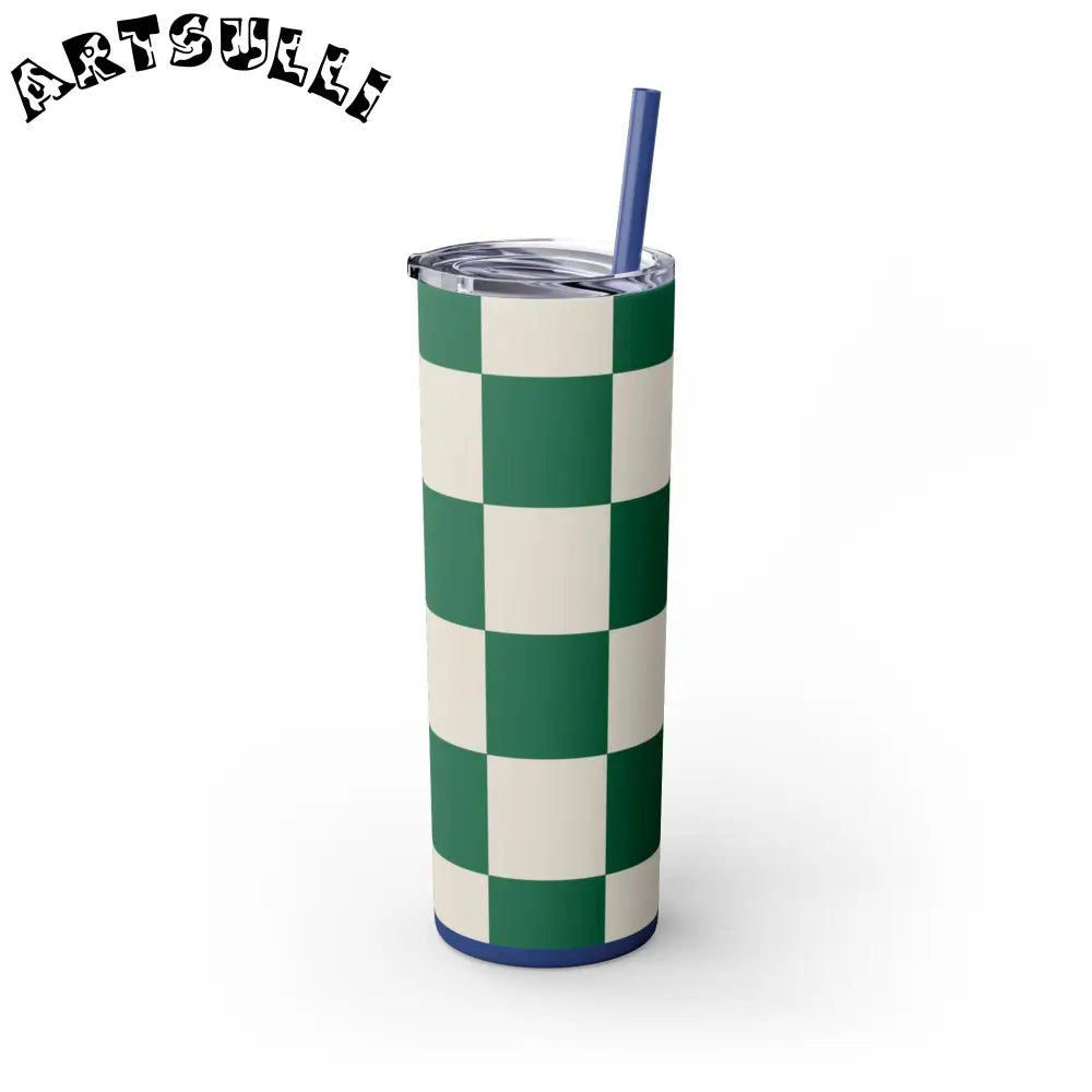 JAKKOUTTHEBXX Checkerboard Dark Green Skinny Tumbler with Straw 20oz