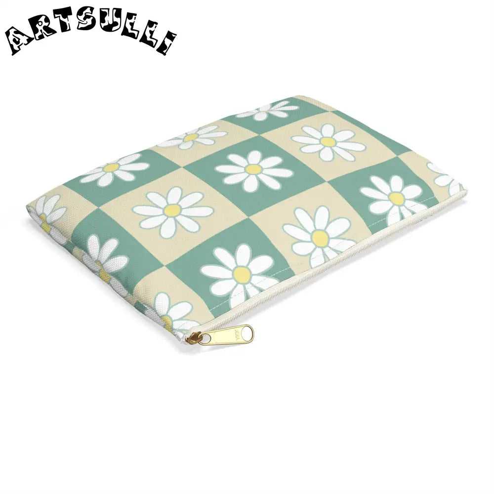JAKKOUTTHEBXX Retro Daisy Checkerboard Green and Tan Accessory Pouch