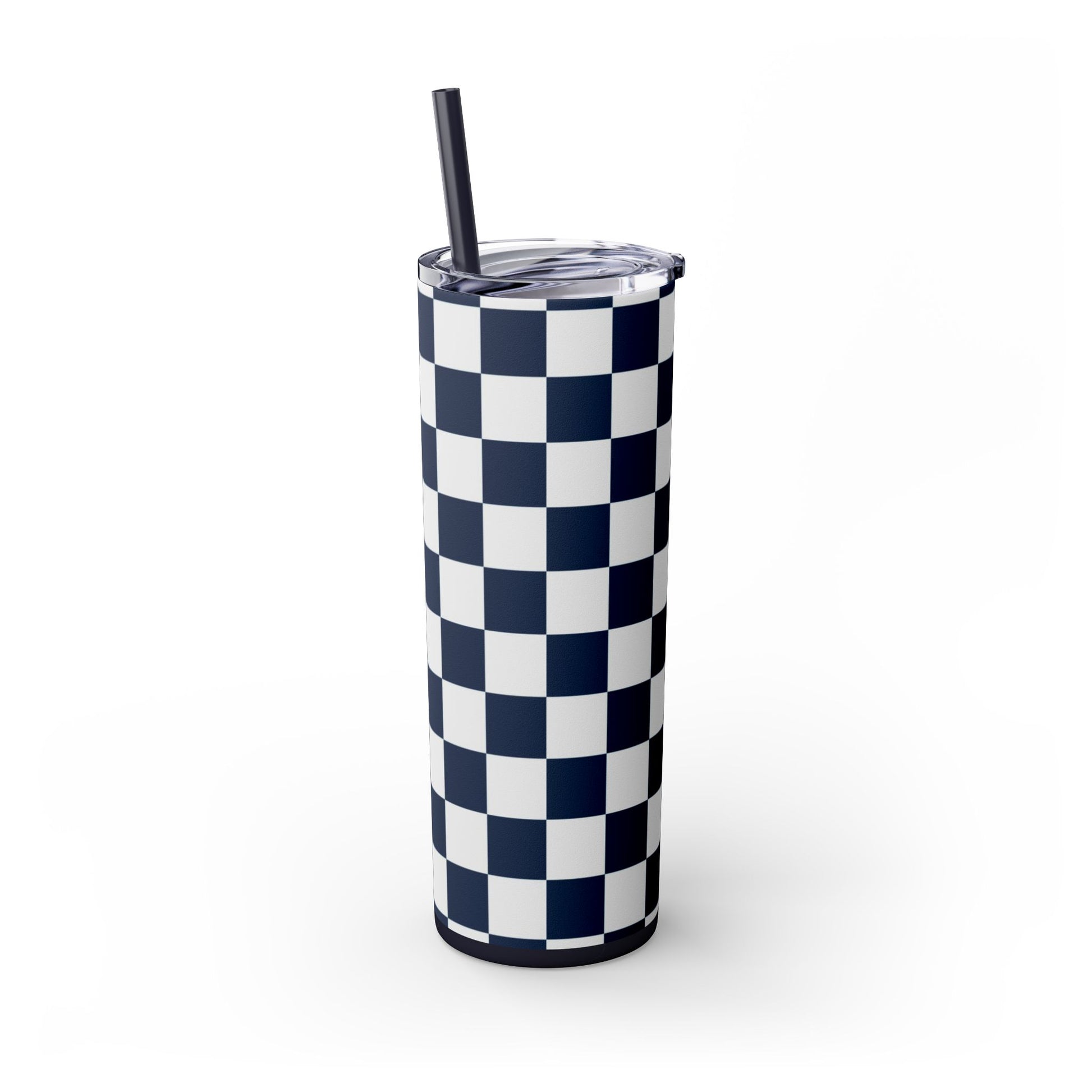 Checkerboard White and Navy Blue Skinny Tumbler with Straw, 20oz, Artsulli - Art is Long, Life is Short, Mug, , , , , , , 