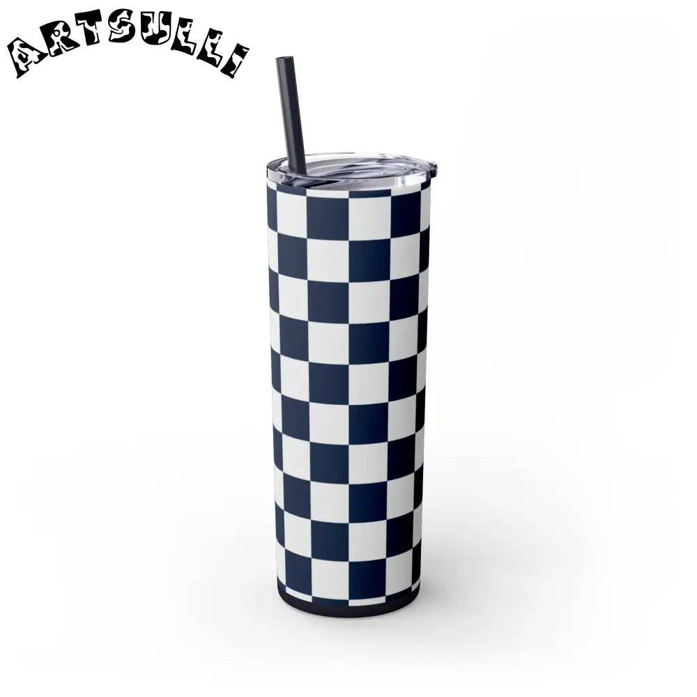 JAKKOUTTHEBXX Checkerboard White and Navy Blue Skinny Tumbler