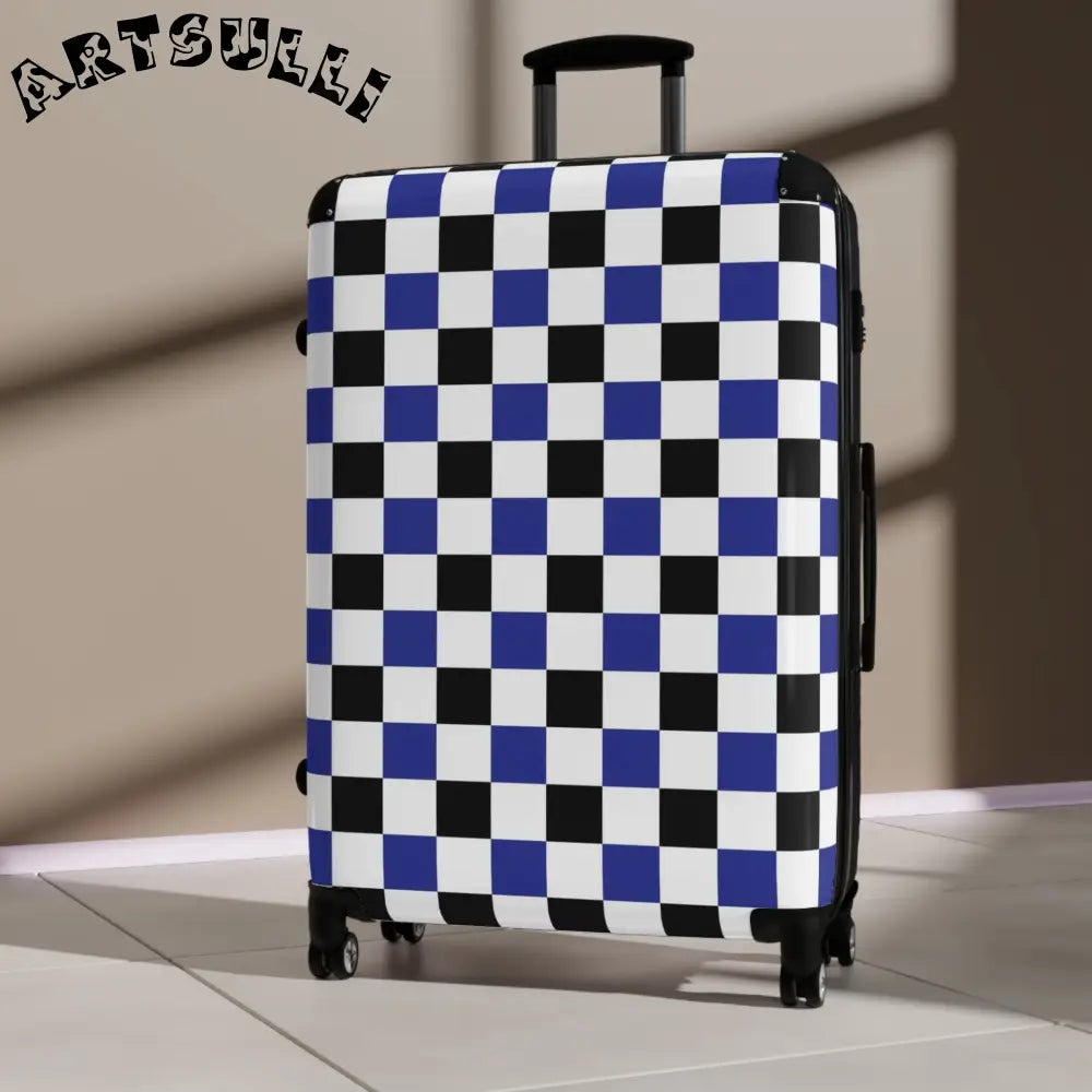 JAKKOUTTHEBXX Checkerboard Blue White and Black Suitcase