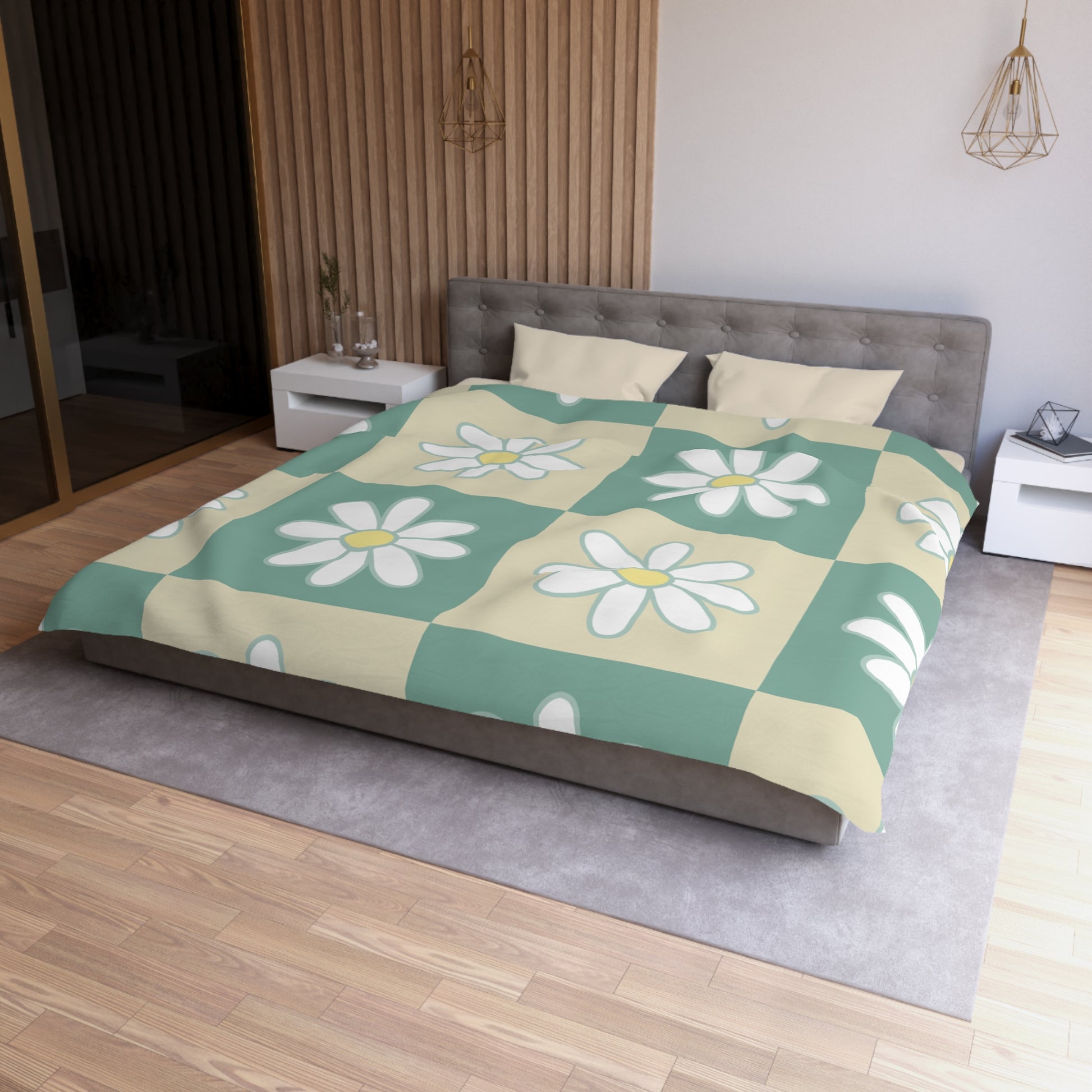 Retro Daisy Checkerboard Green and Tan Microfiber Duvet Cover, Artsulli - Art is Long, Life is Short, Home Decor, , , , , , , 
