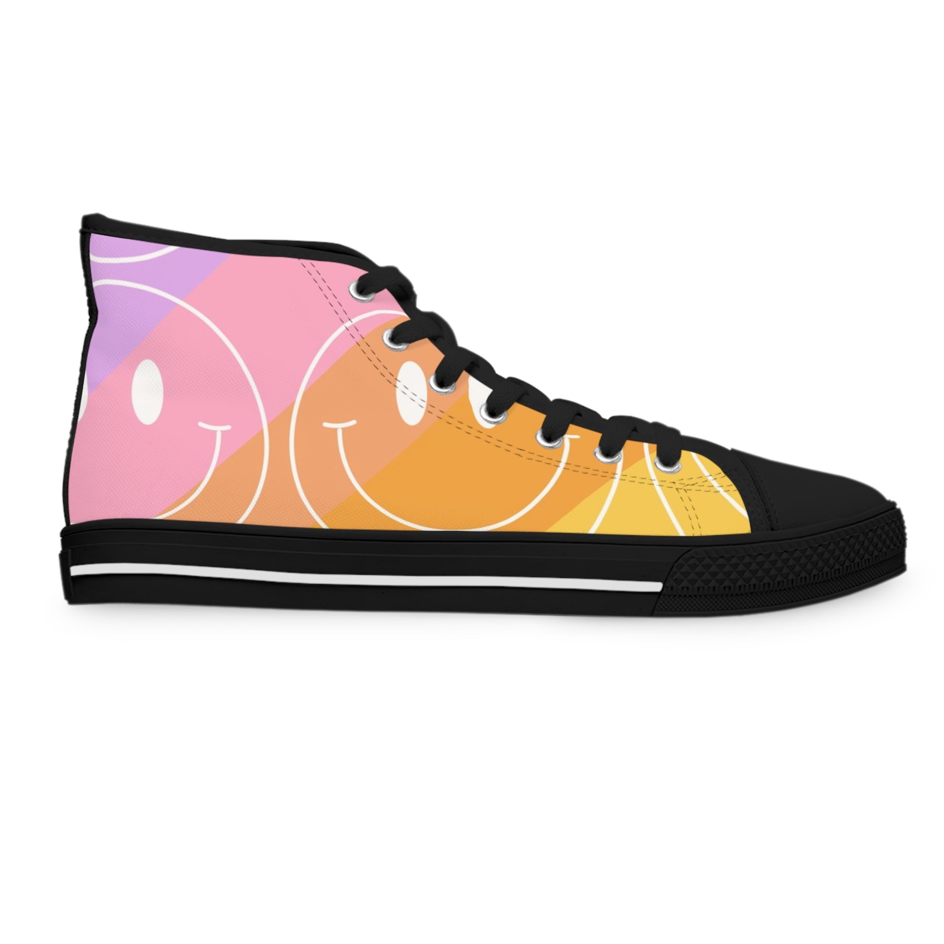 Smiley Face x Rainbow Stripes Multi-Color Women's High Top Sneakers, Artsulli - Art is Long, Life is Short, Shoes, , , , , , , 