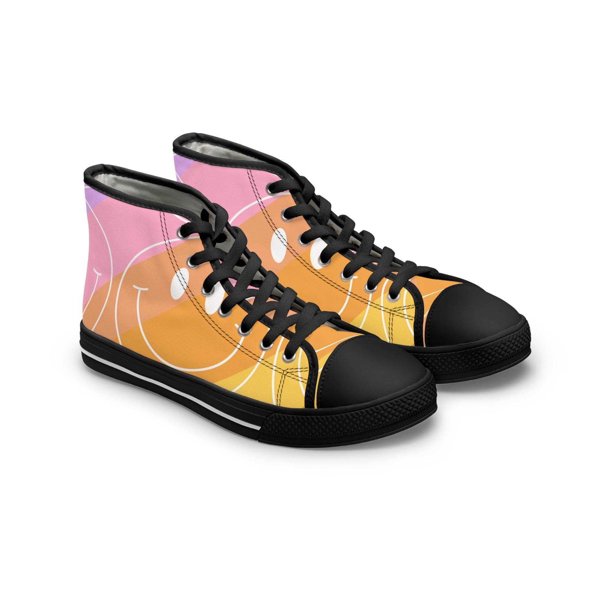Smiley Face x Rainbow Stripes Multi-Color Women's High Top Sneakers, Artsulli - Art is Long, Life is Short, Shoes, Size, US 5.5, Color, Black sole, , , 17747695572872014336