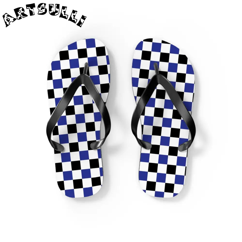 JAKKOUTTHEBXX Checkerboard Blue White and Black Flip Flops
