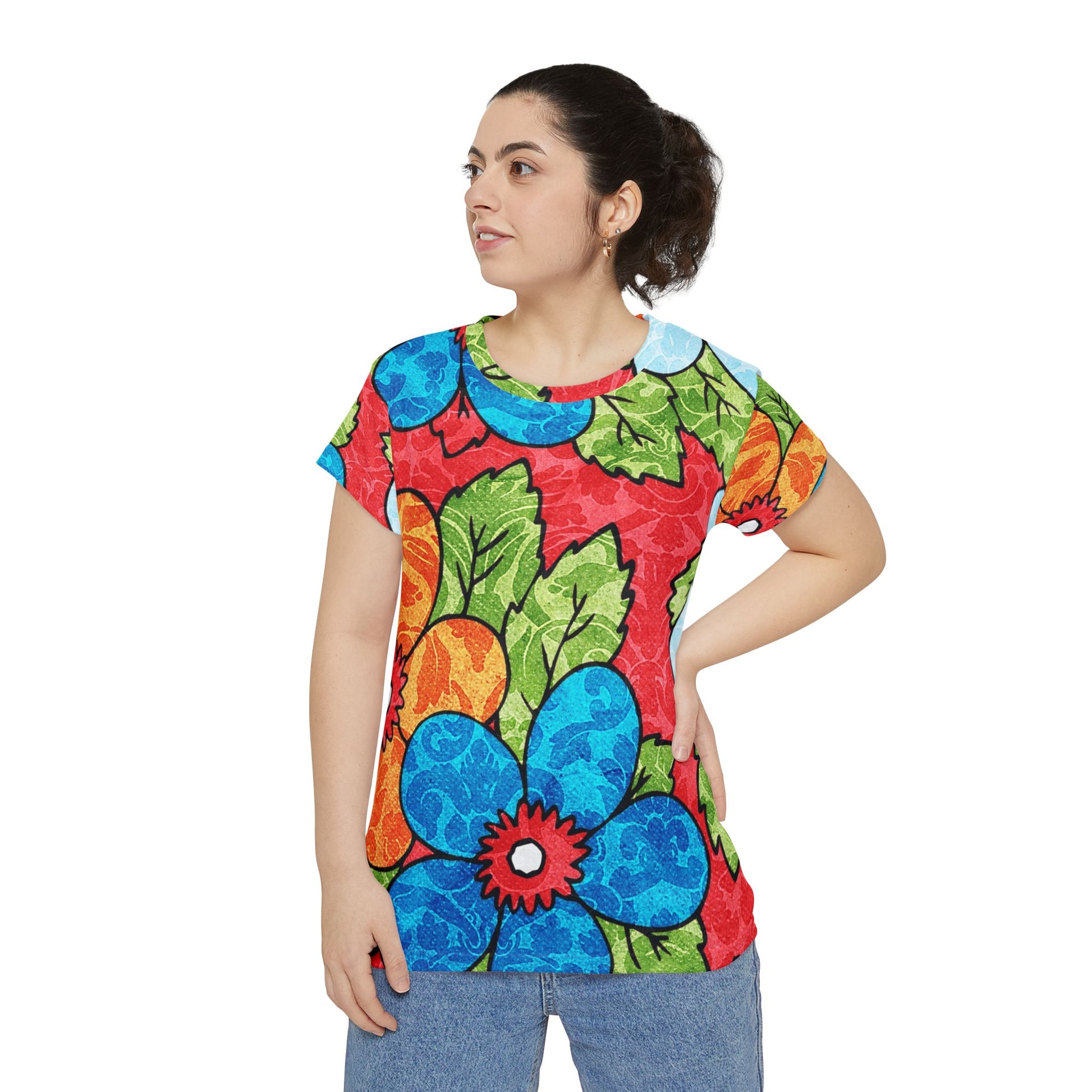 Groovy Red Floral Kl Women's Short Sleeve Shirt (AOP), Artsulli - Art is Long, Life is Short, All Over Prints, , , , , , , 