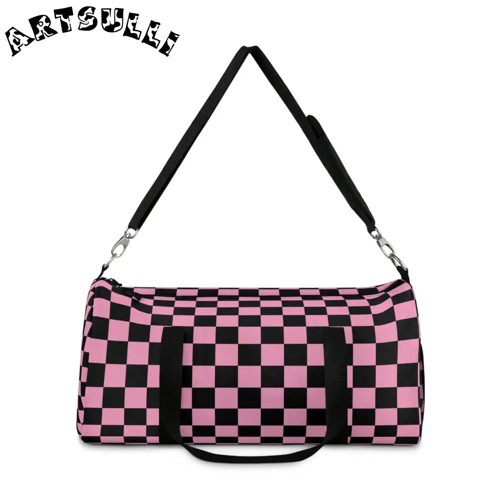 JAKKOUTTHEBXX Checkerboard II Black and Pink Duffel Bag
